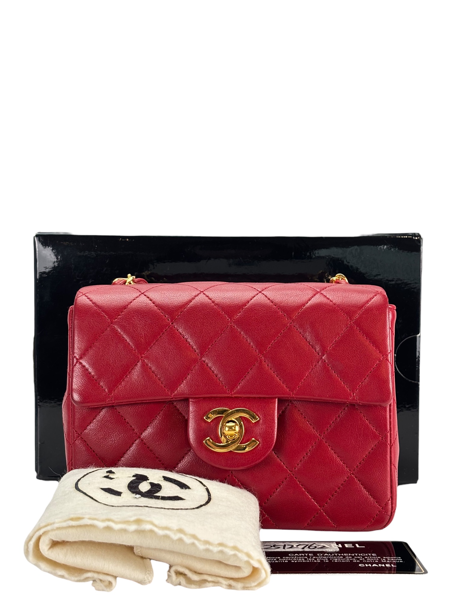 CHANEL - Red Lambskin Mini Classic Square Flap Shoulder Bag 17