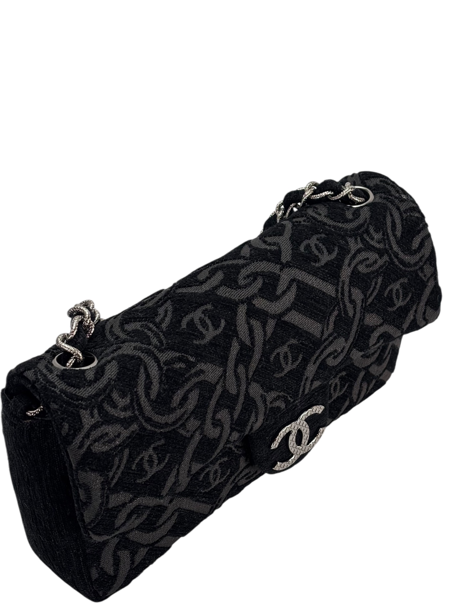 CHANEL - Black Cotton Chain Printed Medium Flap Bag Sliver Hardware
