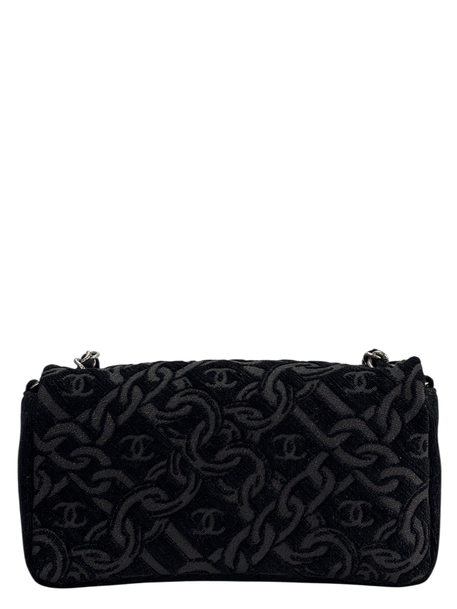 CHANEL - Black Cotton Chain Printed Medium Flap Bag Sliver Hardware