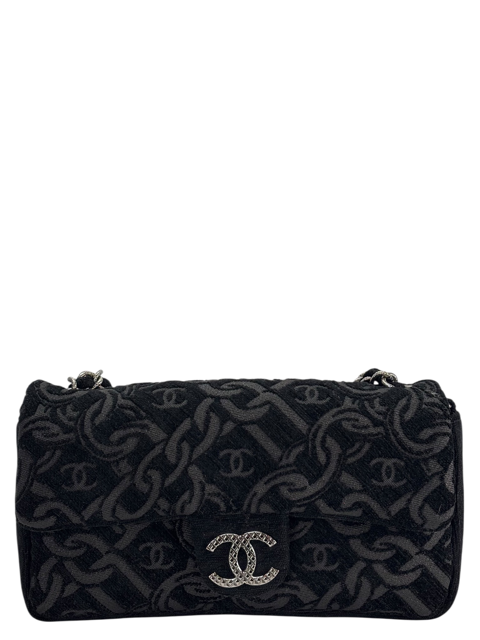 CHANEL - Black Cotton Chain Printed Medium Flap Bag Sliver Hardware