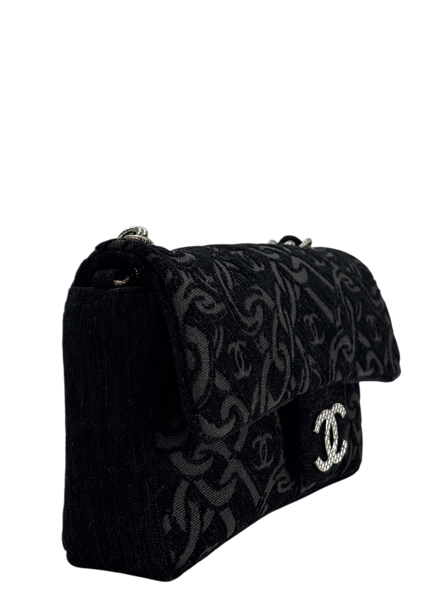 CHANEL - Black Cotton Chain Printed Medium Flap Bag Sliver Hardware