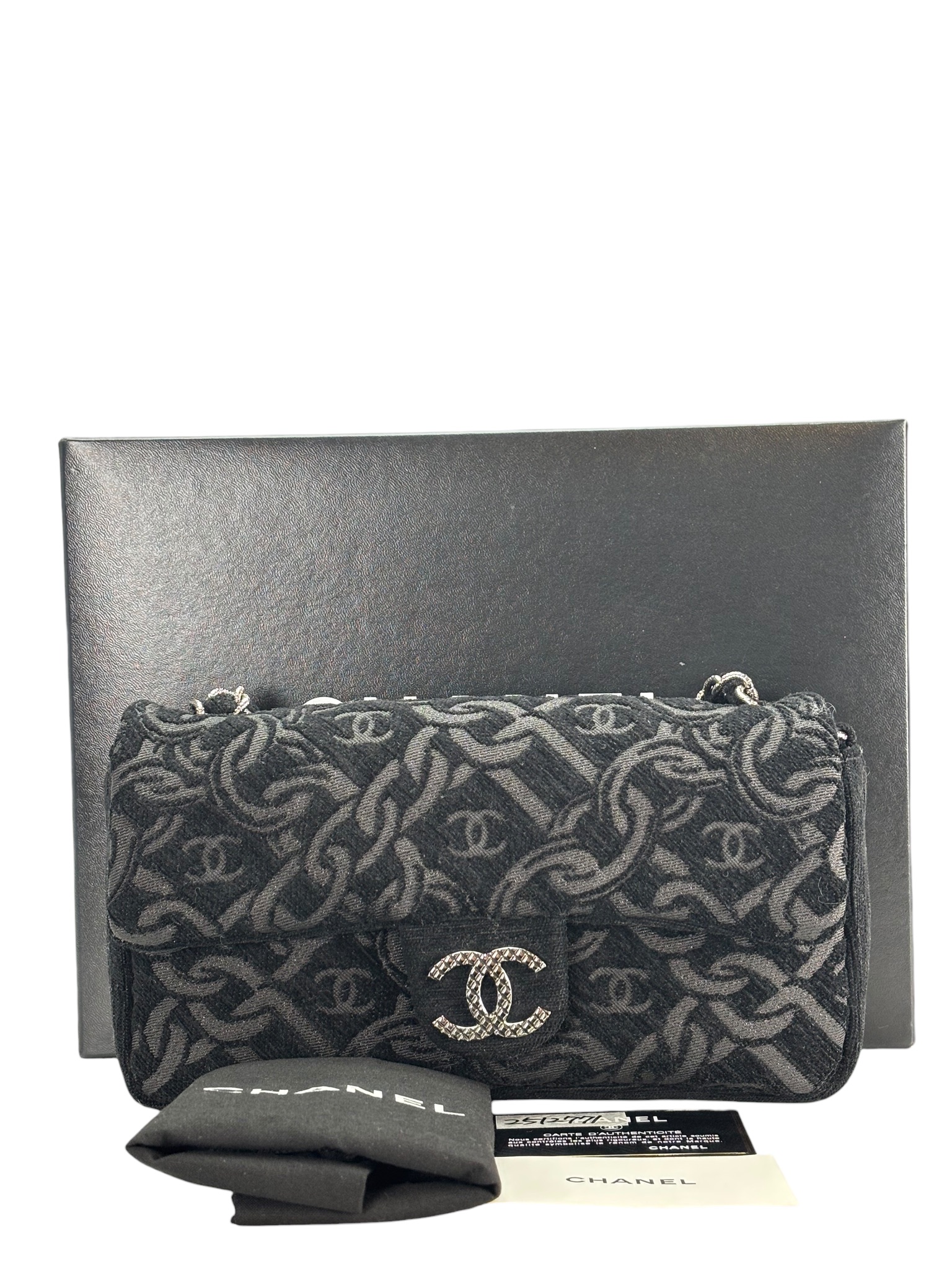 CHANEL - Black Cotton Chain Printed Medium Flap Bag Sliver Hardware