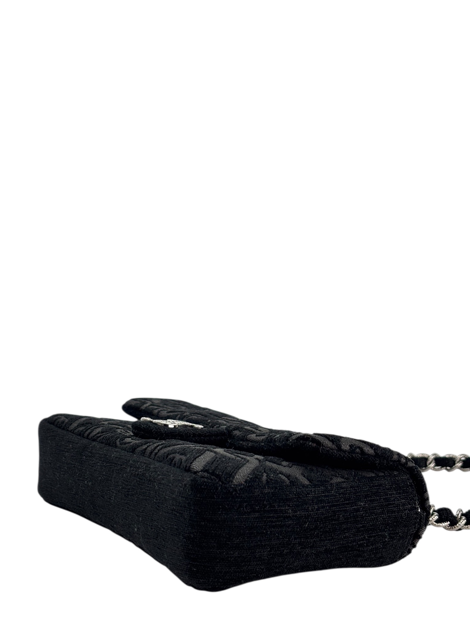 CHANEL - Black Cotton Chain Printed Medium Flap Bag Sliver Hardware