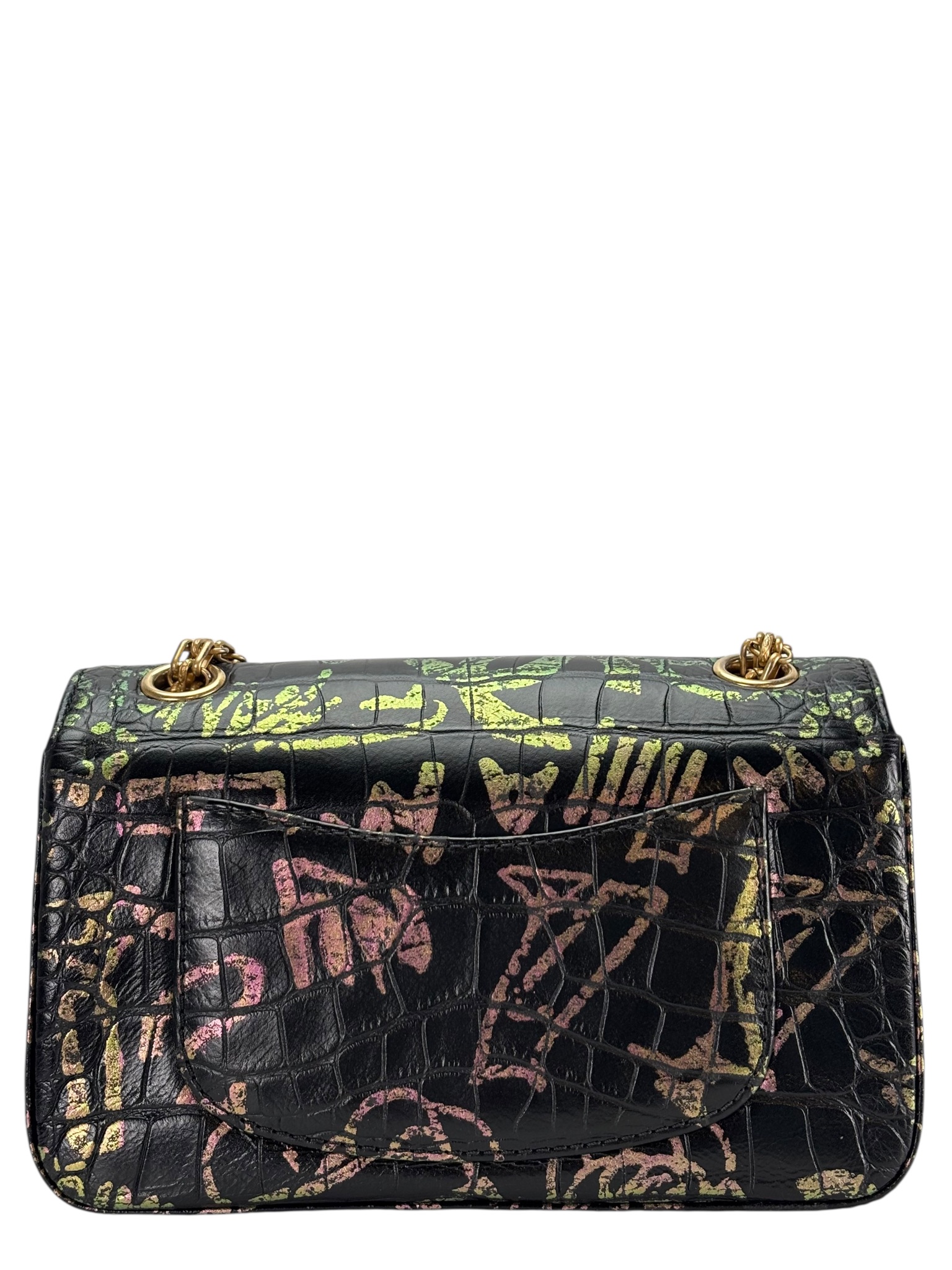 CHANEL - Black Calfskin 2.55 Reissue Croc Embossed Graffiti Print 224 Flap Bag