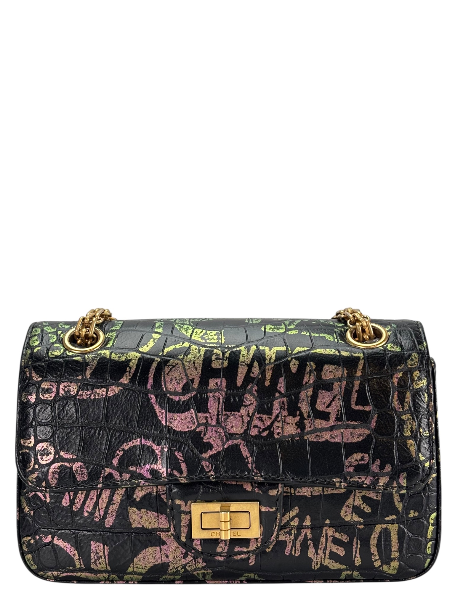 CHANEL - Black Calfskin 2.55 Reissue Croc Embossed Graffiti Print 224 Flap Bag