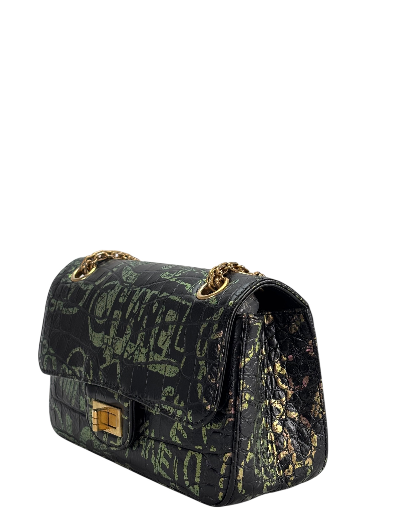 CHANEL - Black Calfskin 2.55 Reissue Croc Embossed Graffiti Print 224 Flap Bag