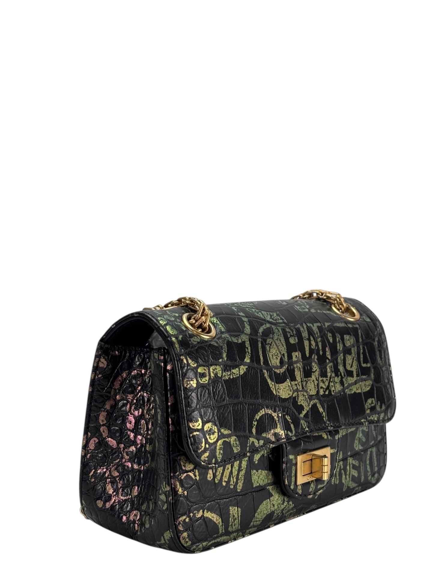 CHANEL - Black Calfskin 2.55 Reissue Croc Embossed Graffiti Print