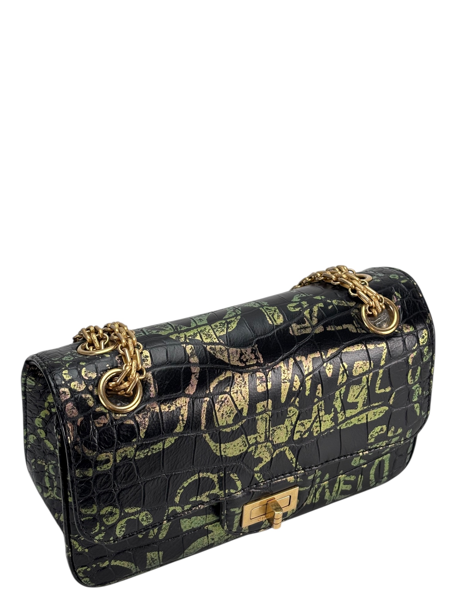 CHANEL - Black Calfskin 2.55 Reissue Croc Embossed Graffiti Print 224 Flap Bag