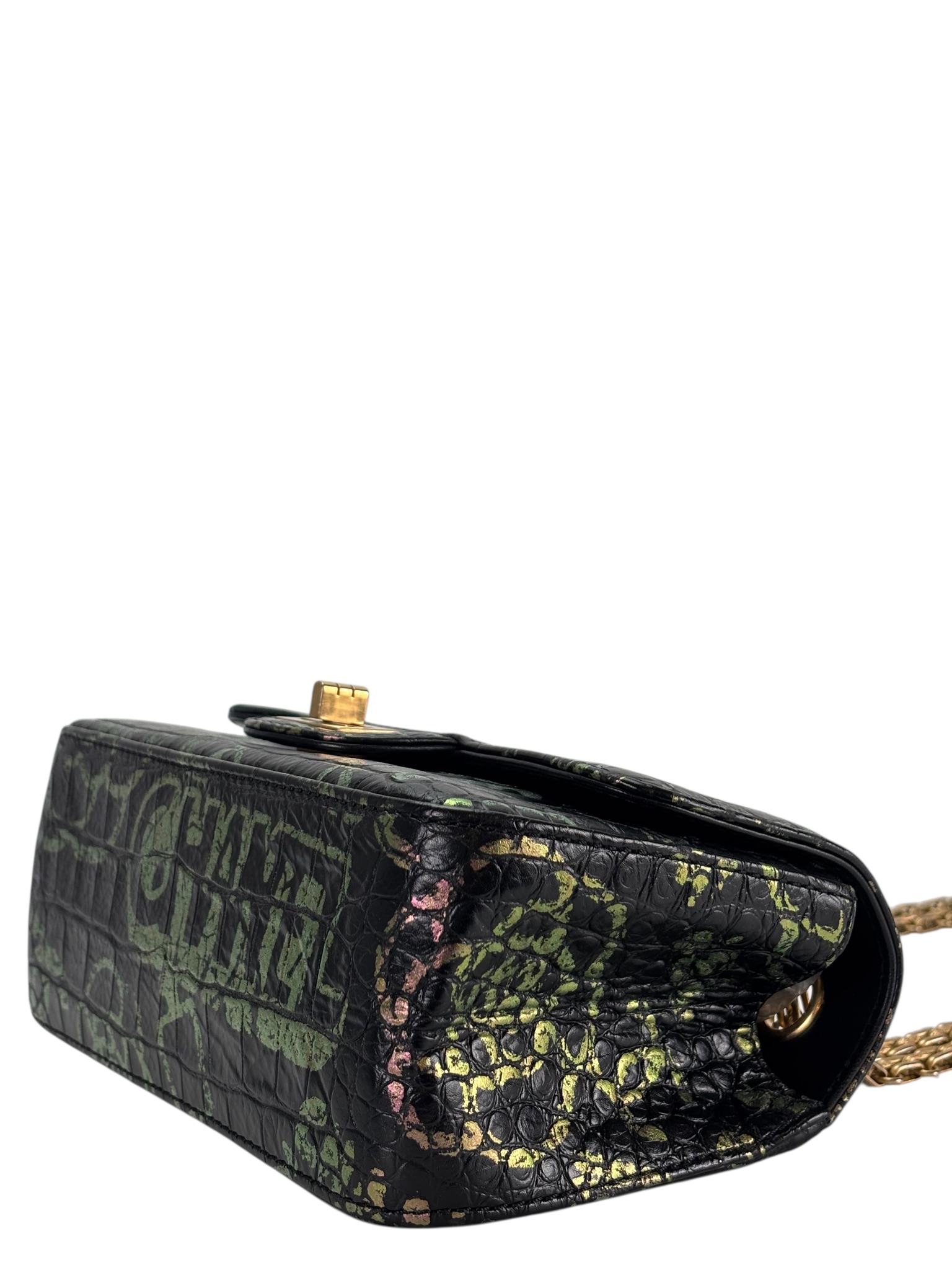 CHANEL - Black Calfskin 2.55 Reissue Croc Embossed Graffiti Print 224 Flap Bag