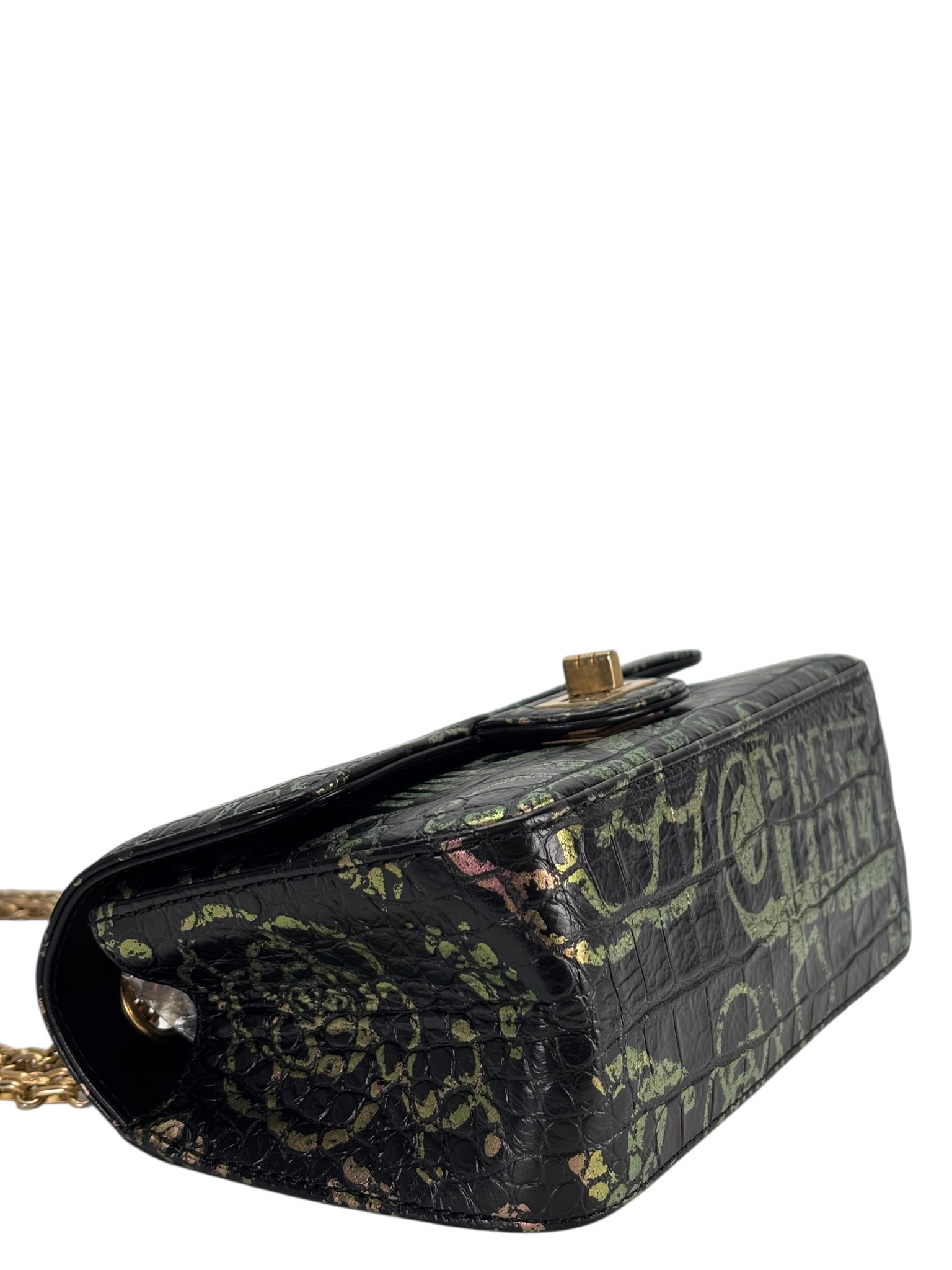 CHANEL - Black Calfskin 2.55 Reissue Croc Embossed Graffiti Print 224 Flap Bag