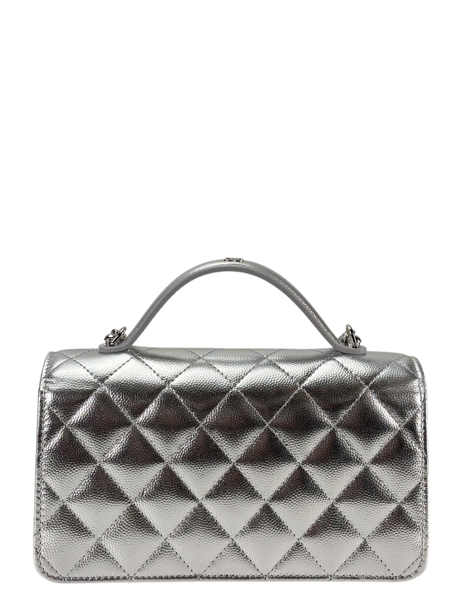 CHANEL - 26C Top Handle Wallet On Chain WOC Metallic Shiny Caviar Silver Hardware