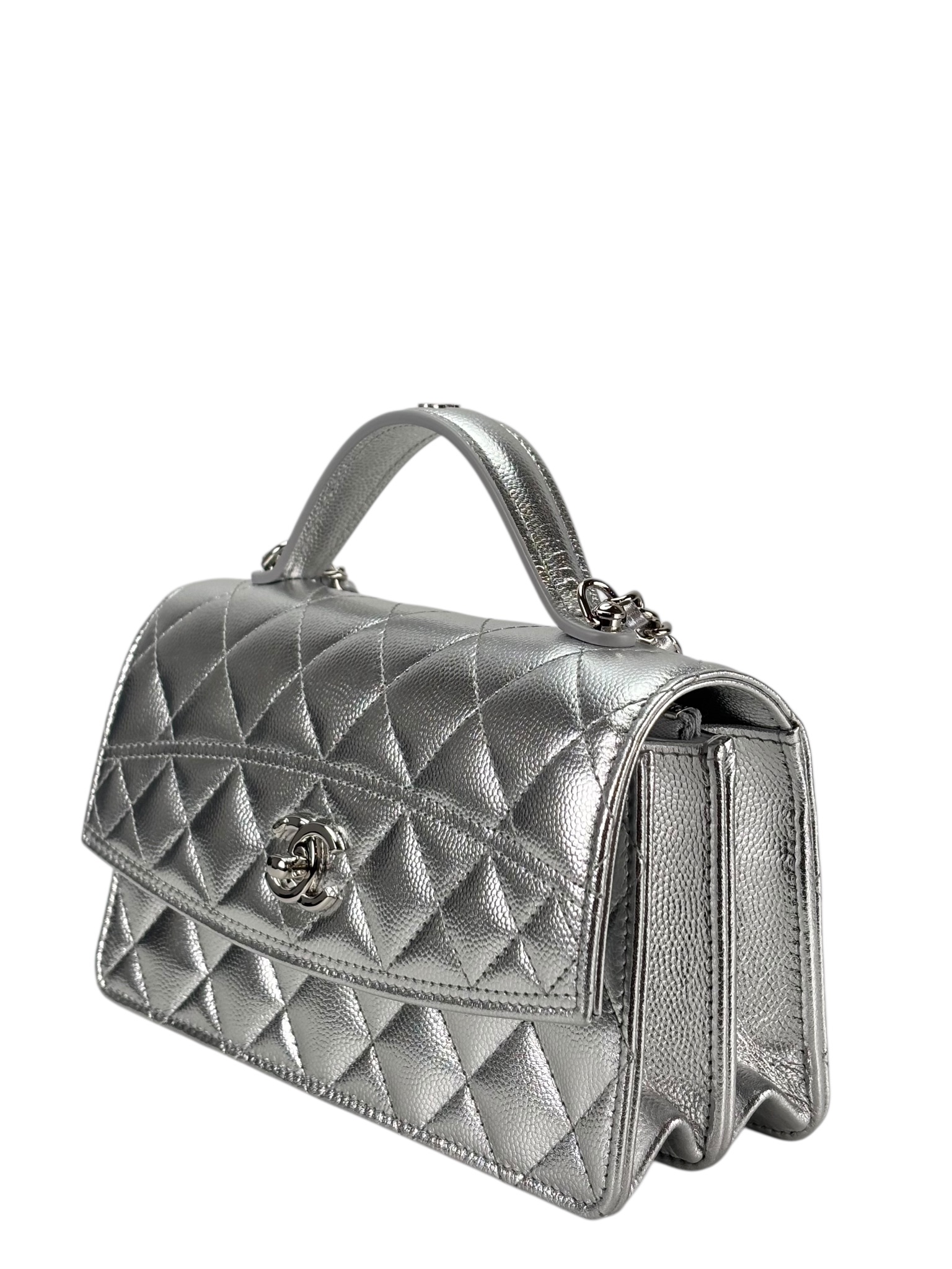 CHANEL - 26C Top Handle Wallet On Chain WOC Metallic Shiny Caviar Silver Hardware