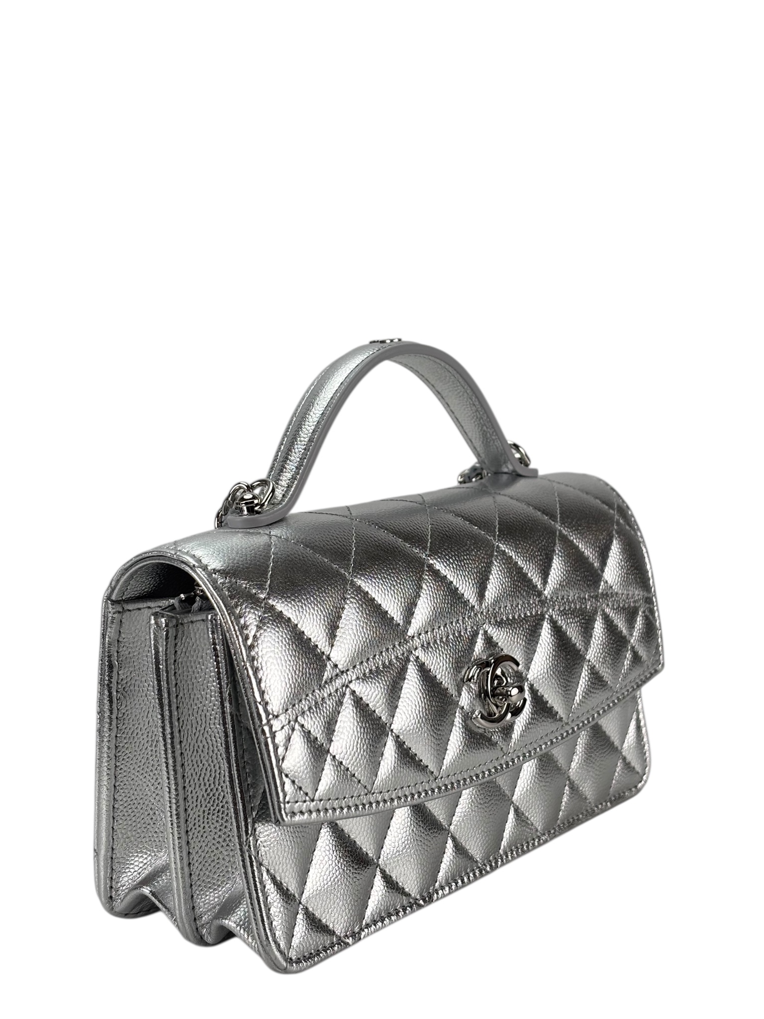 CHANEL - 26C Top Handle Wallet On Chain WOC Metallic Shiny Caviar Silver Hardware