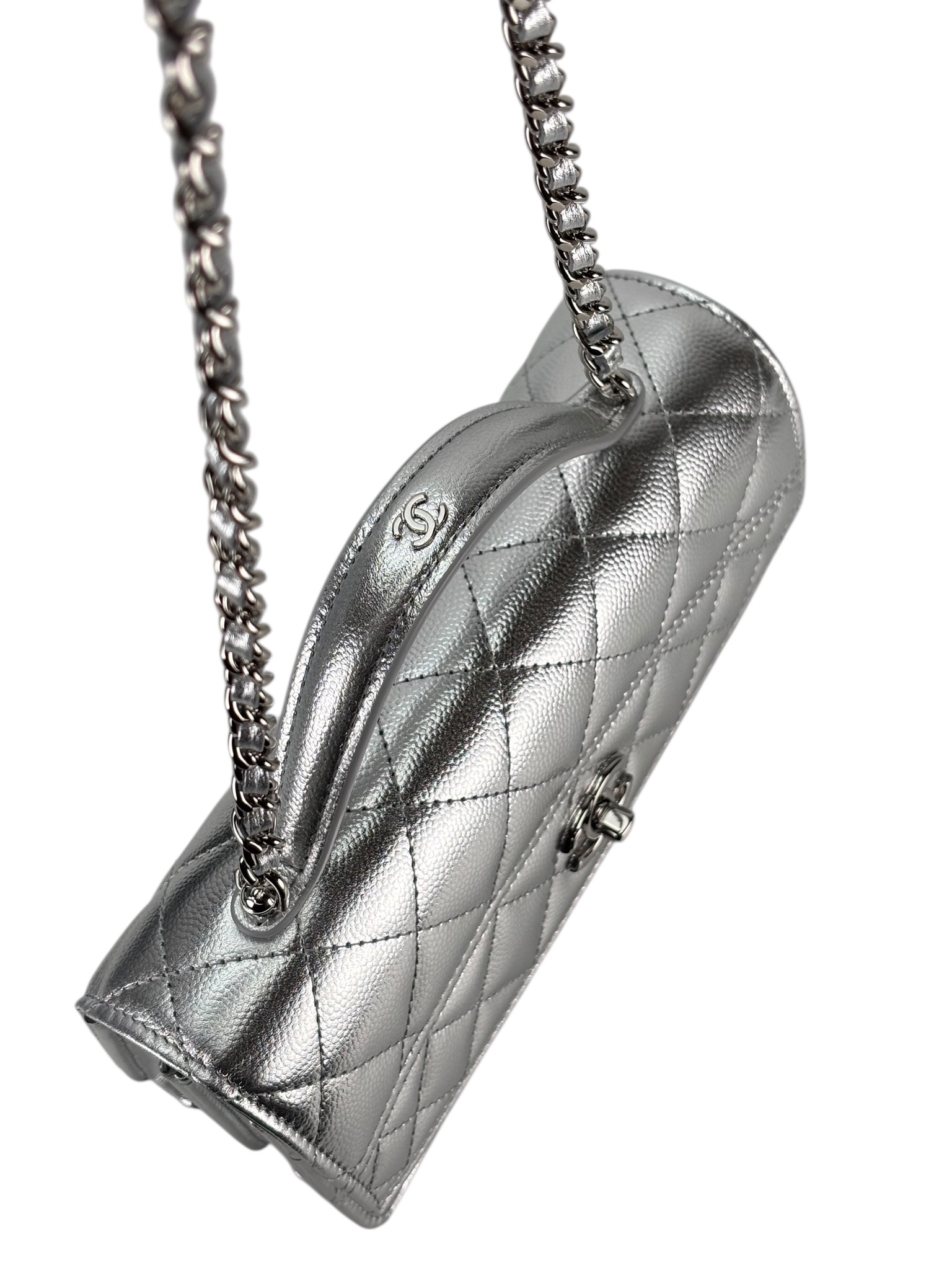 CHANEL - 26C Top Handle Wallet On Chain WOC Metallic Shiny Caviar Silver Hardware
