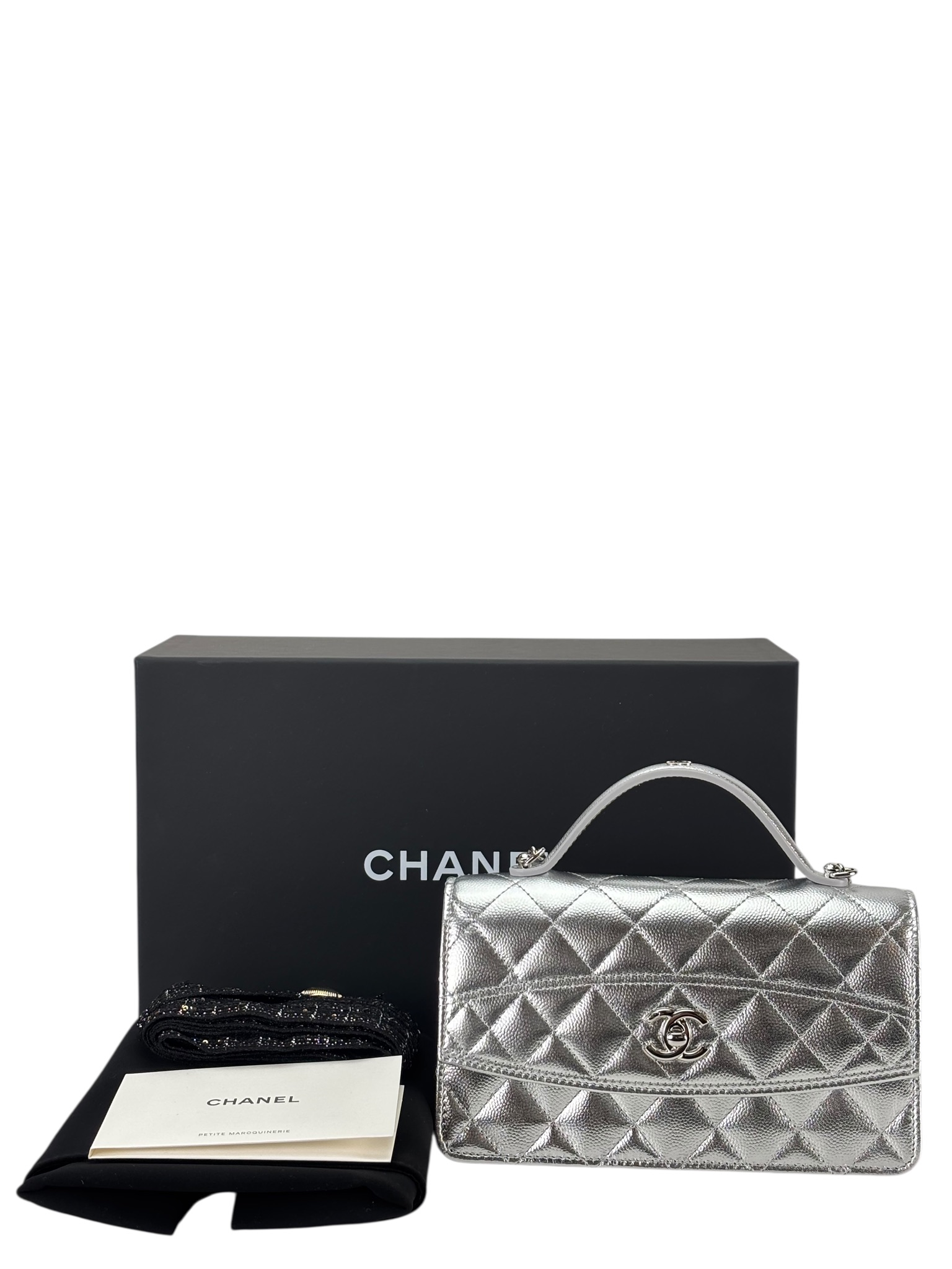CHANEL - 26C Top Handle Wallet On Chain WOC Metallic Shiny Caviar Silver Hardware