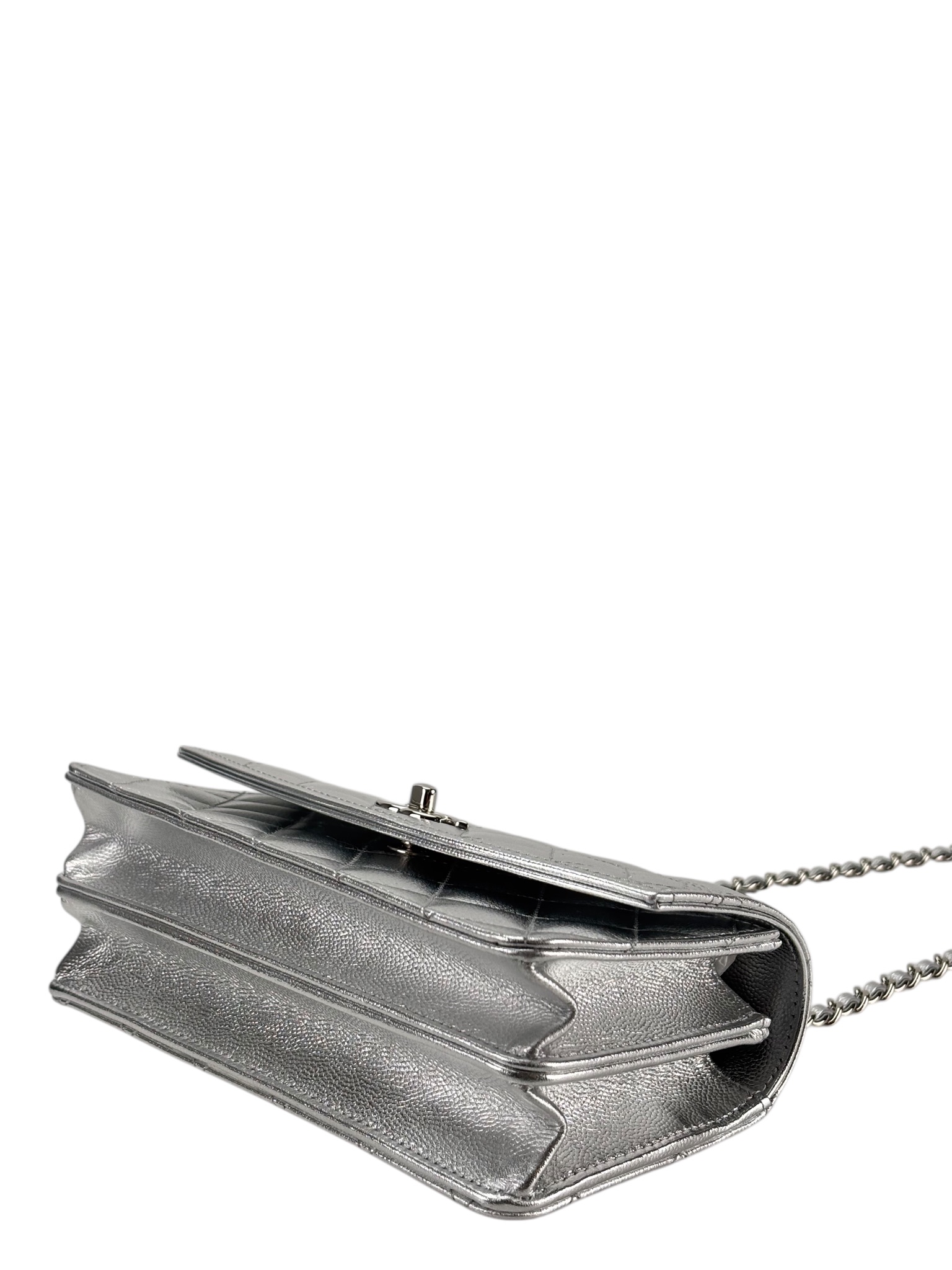 CHANEL - 26C Top Handle Wallet On Chain WOC Metallic Shiny Caviar Silver Hardware