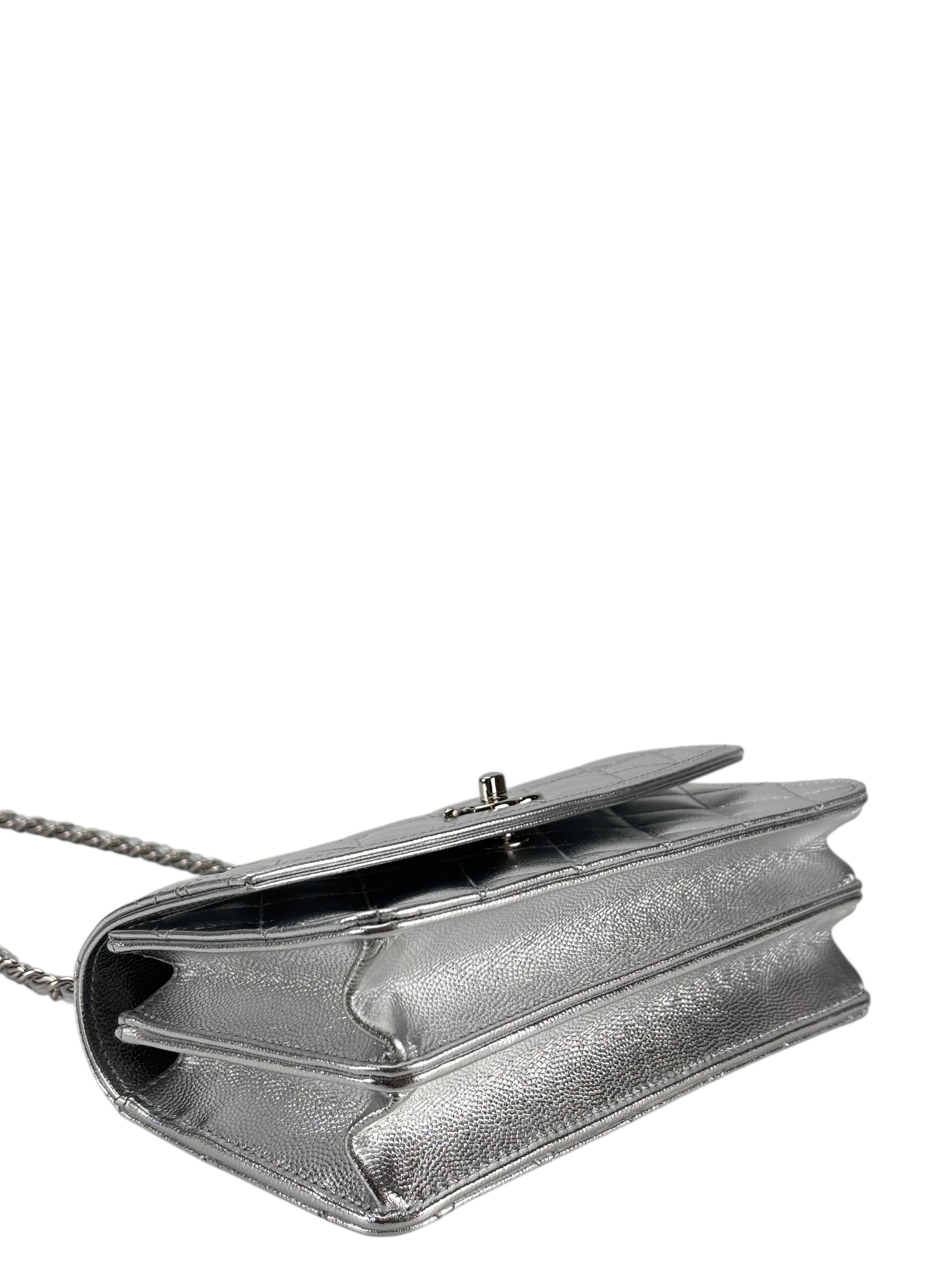 CHANEL - 26C Top Handle Wallet On Chain WOC Metallic Shiny Caviar Silver Hardware