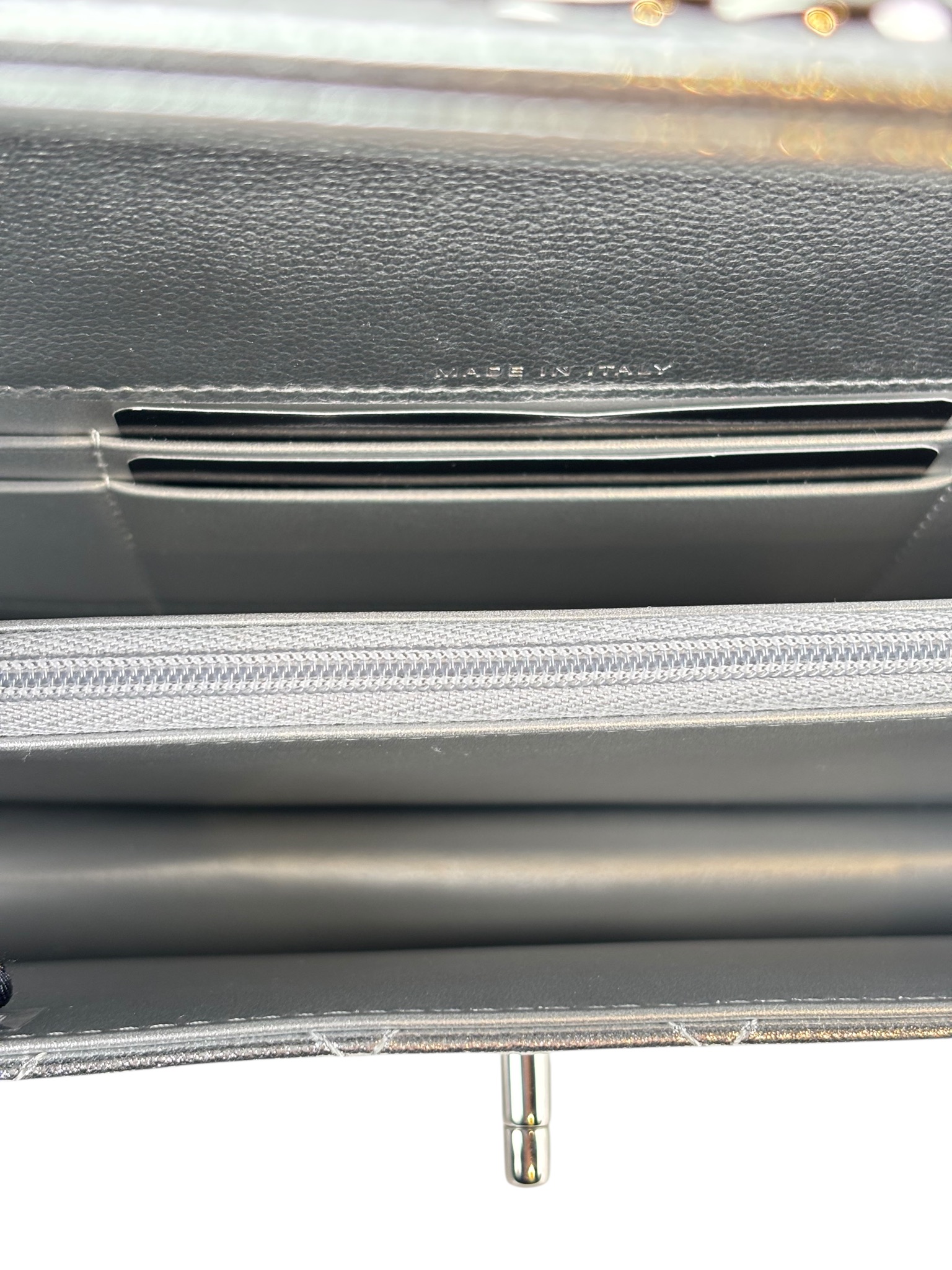 CHANEL - 26C Top Handle Wallet On Chain WOC Metallic Shiny Caviar Silver Hardware