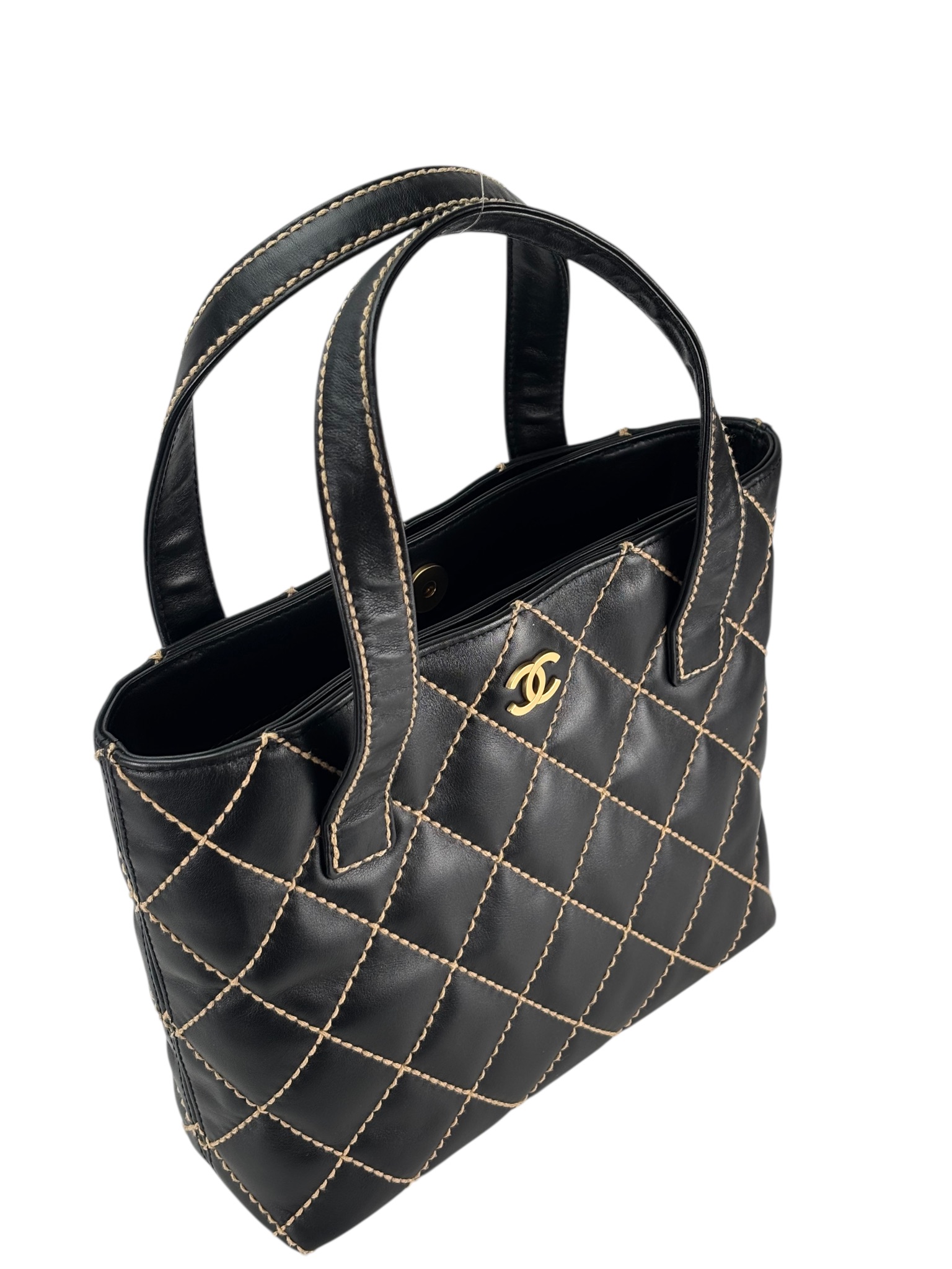 CHANEL - Black Calfskin Coco Mark Wild Stitch Matelasse Tote Bag 