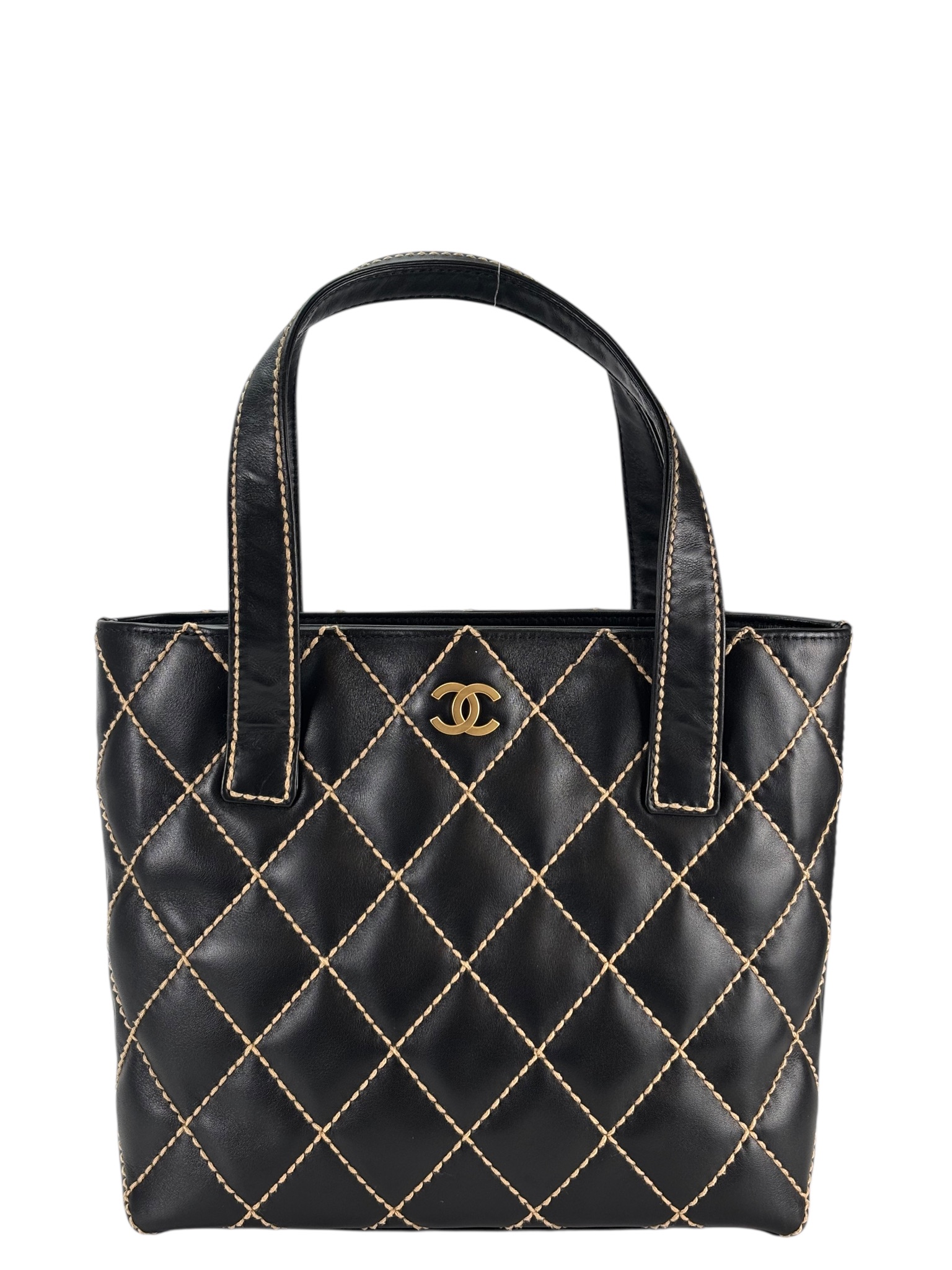 CHANEL - Black Calfskin Coco Mark Wild Stitch Matelasse Tote Bag 