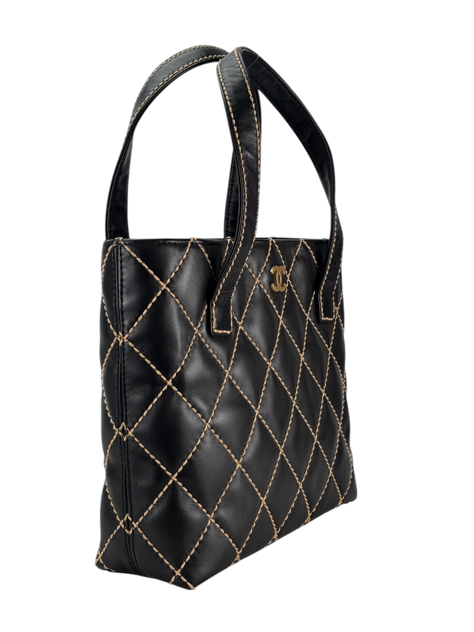 CHANEL - Black Calfskin Coco Mark Wild Stitch Matelasse Tote Bag 