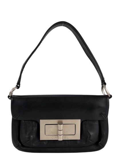 CHANEL - Black Lambskin Chocolate Bar Shoulder Bag Silver Hardware