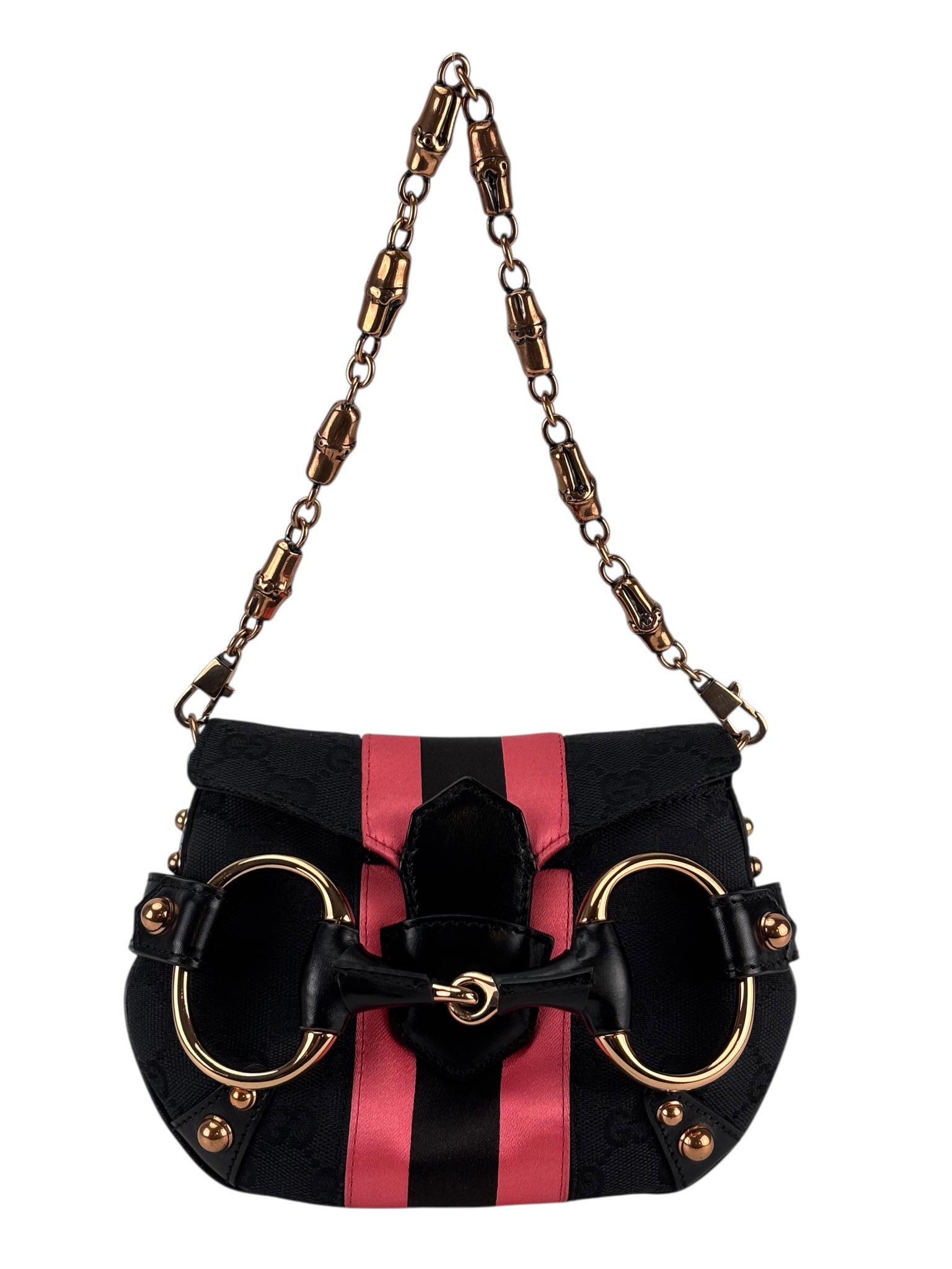 GUCCI - Black Pink GG Canvas Horsebit Designer Handbag