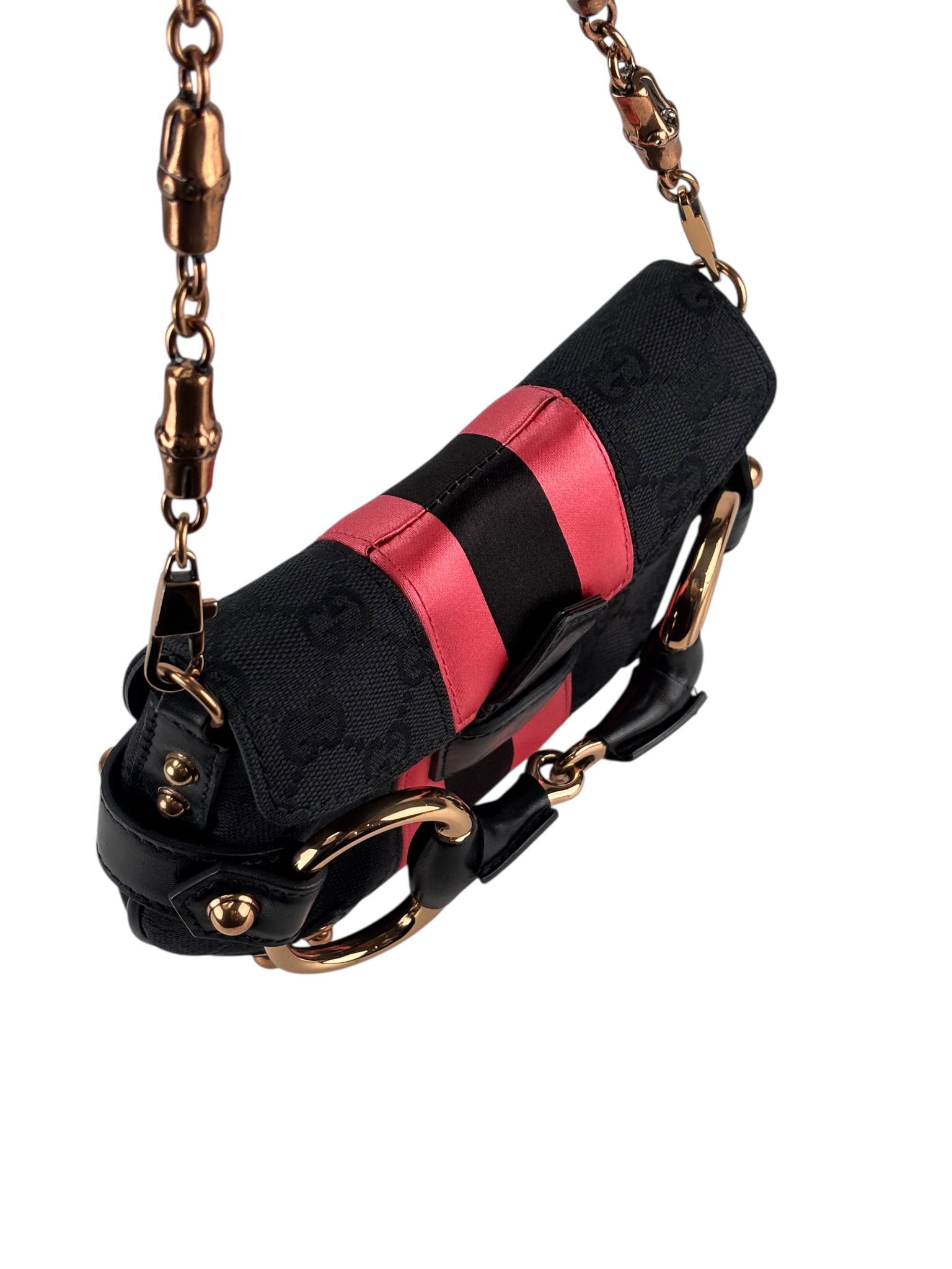 GUCCI - Black Pink GG Canvas Horsebit Designer Handbag