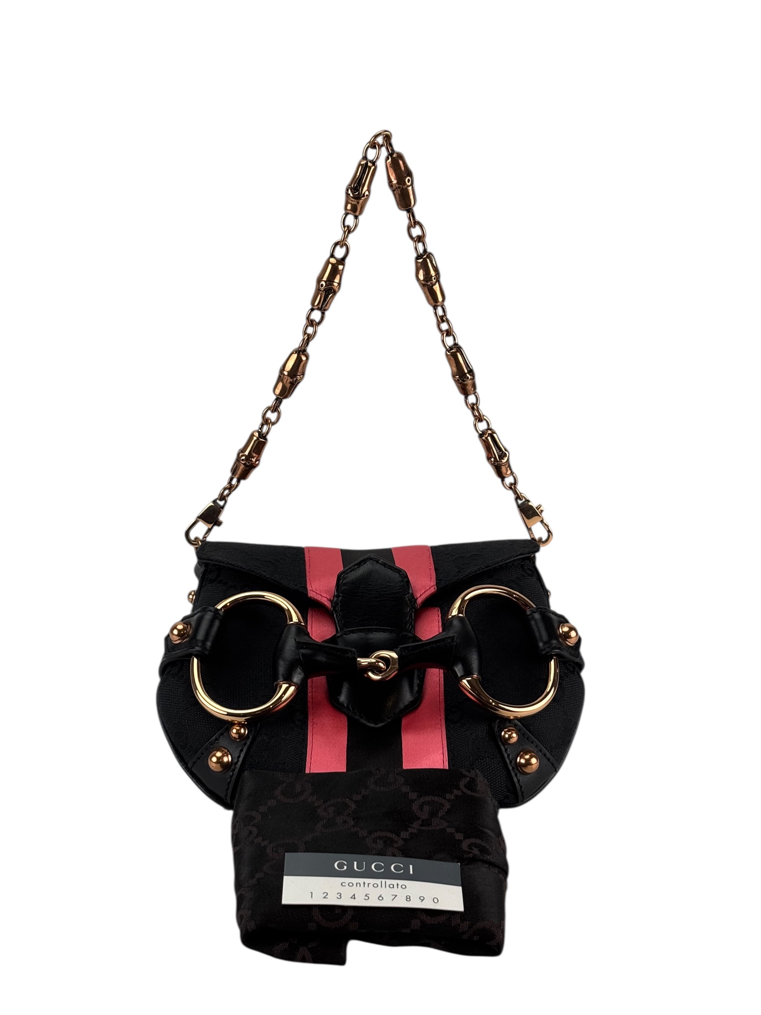 GUCCI - Black Pink GG Canvas Horsebit Designer Handbag