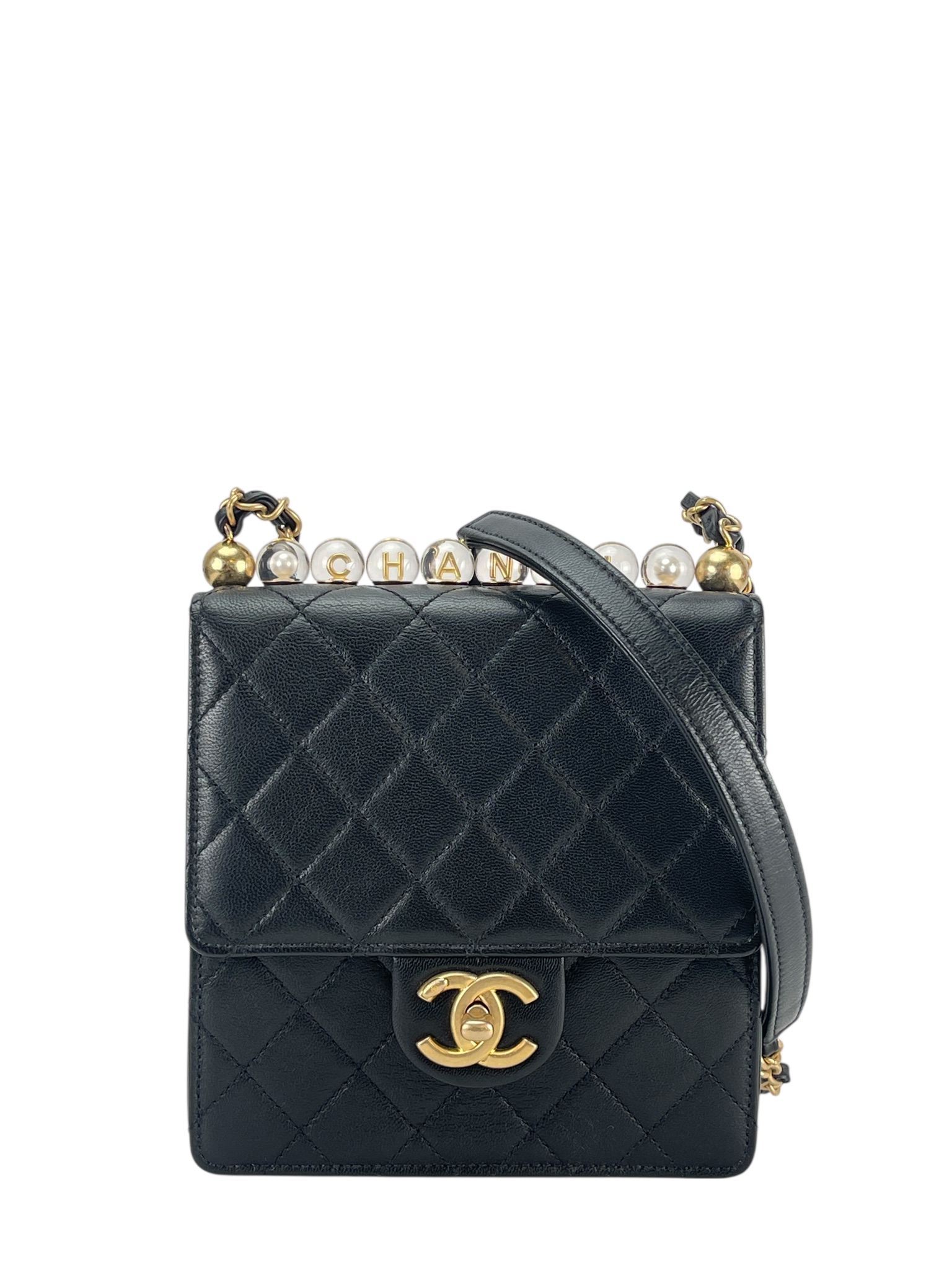 CHANEL - Lambskin Quilted Small Chic Pearls Flap Bag Black