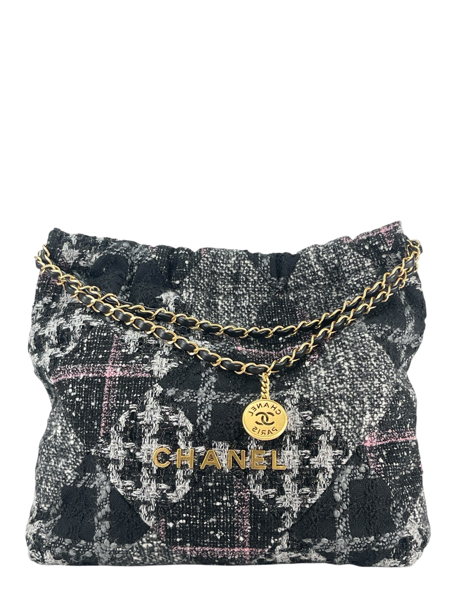 CHANEL - 22 Bag Black Tweed Gold Hardware Small