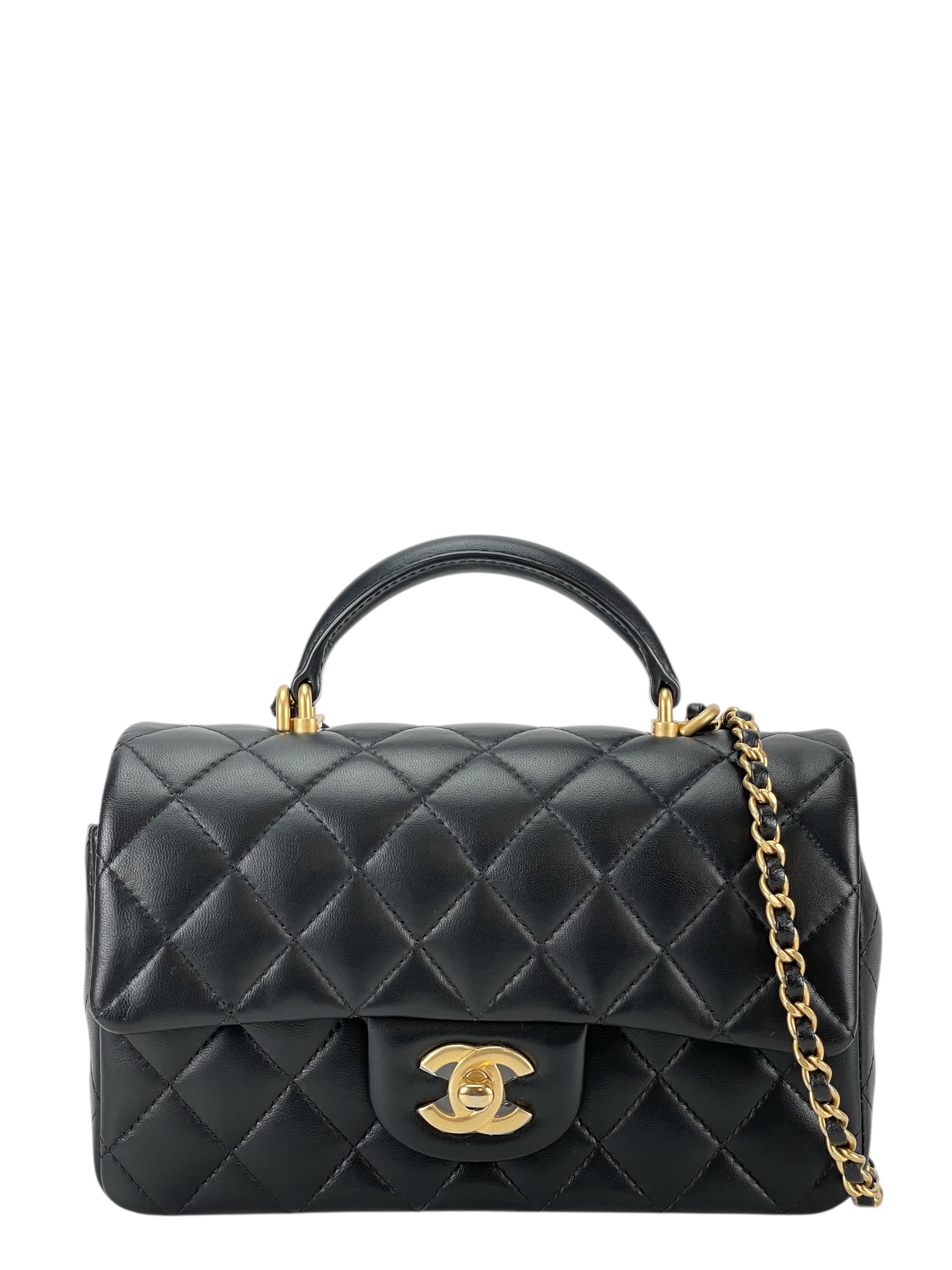CHANEL - Top Handle Mini Matlasse 20 Lambskin Single Flap Single Chain Bag Black