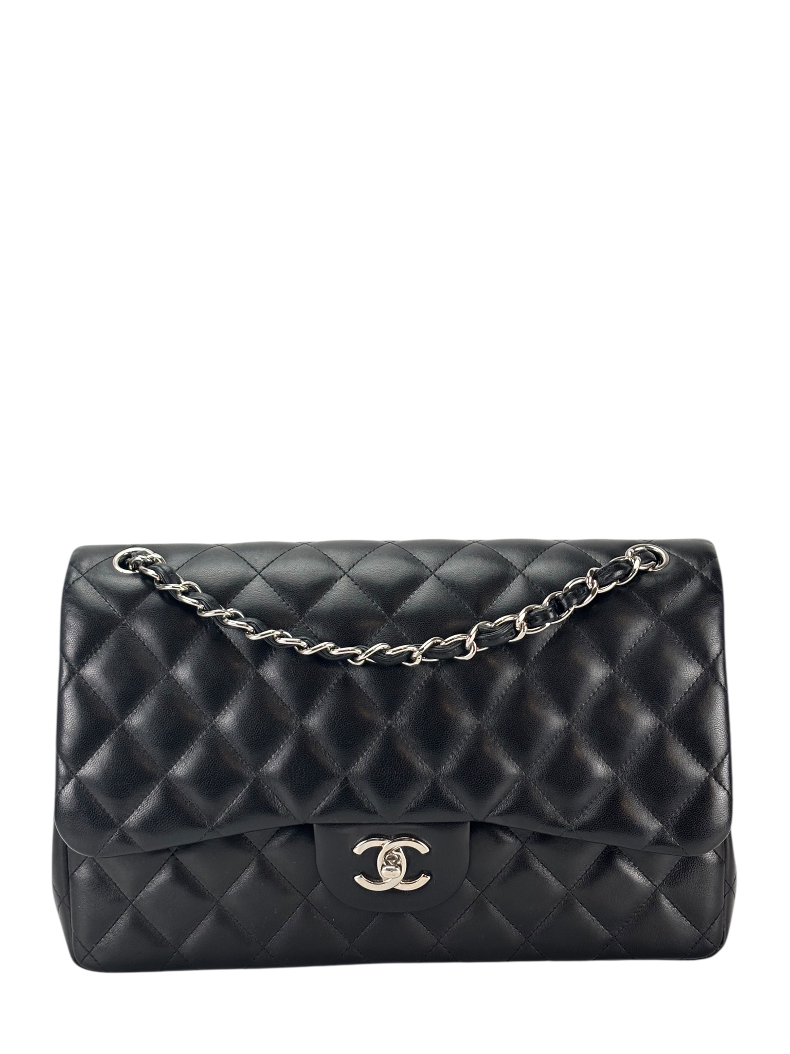 CHANEL - Black Lambskin Coco Mark Matelasse Double Flap Chain Bag (CF30)