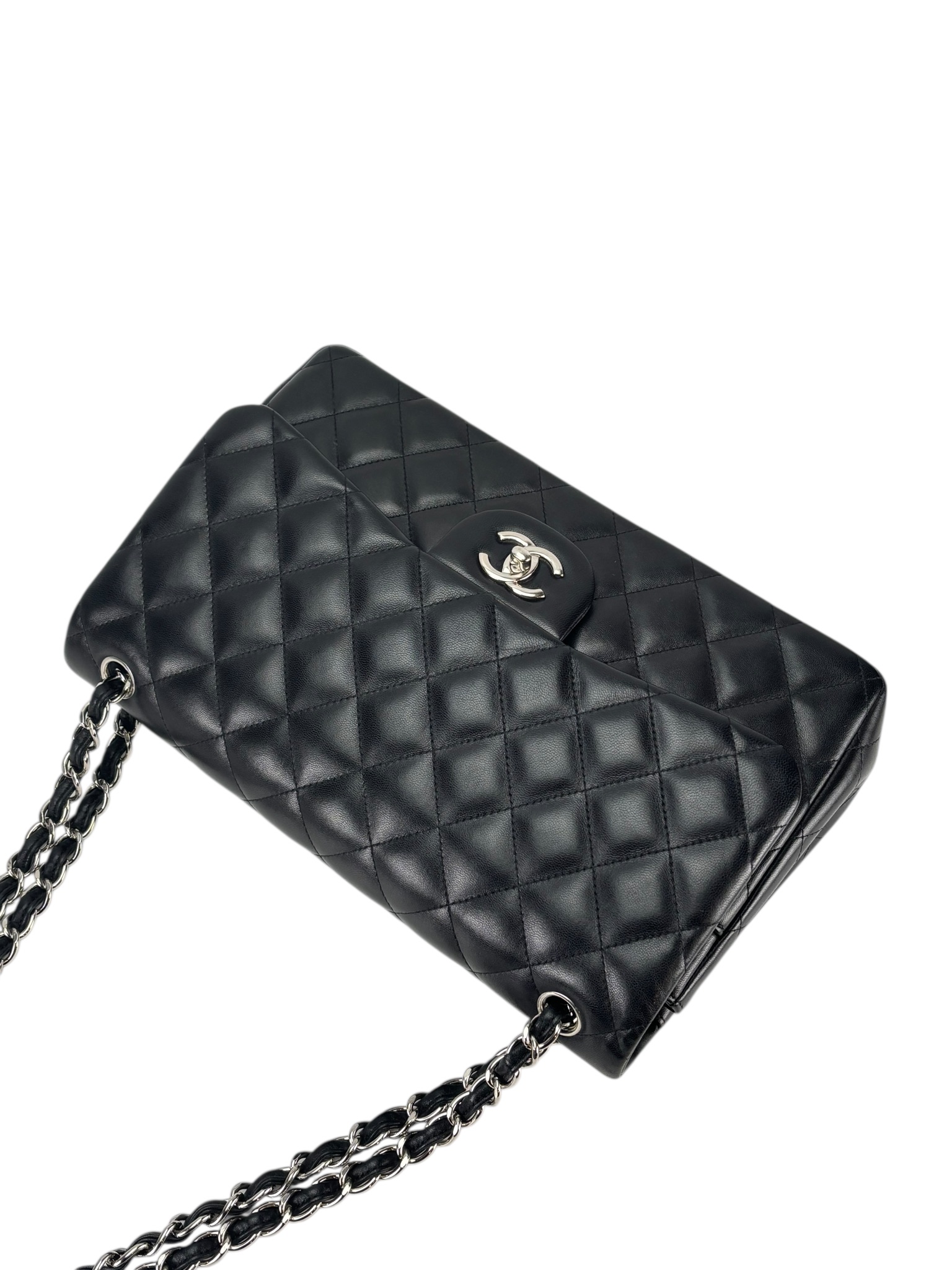 CHANEL - Black Lambskin Coco Mark Matelasse Double Flap Chain Bag (CF30)