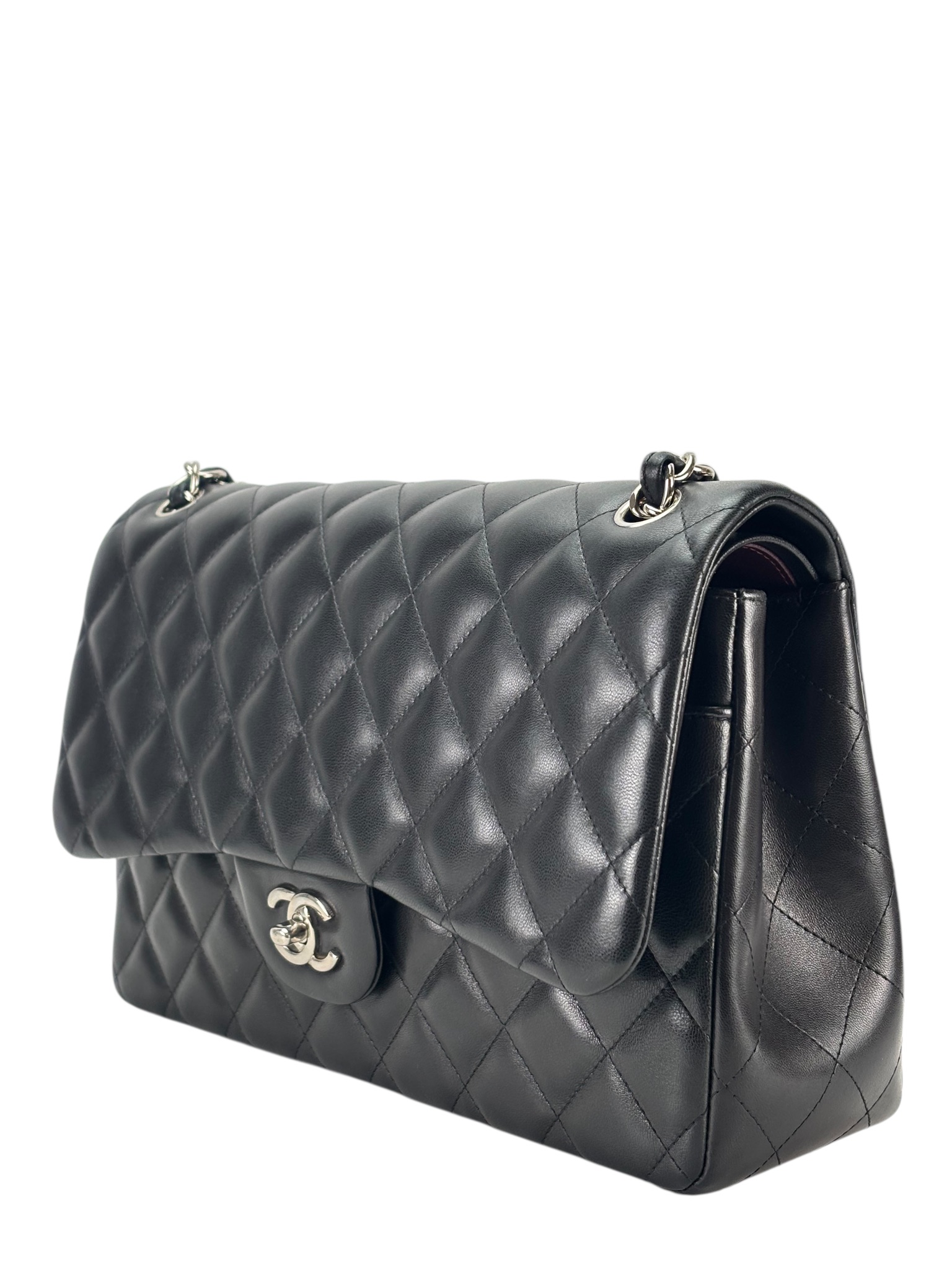 CHANEL - Black Lambskin Coco Mark Matelasse Double Flap Chain Bag (CF30)