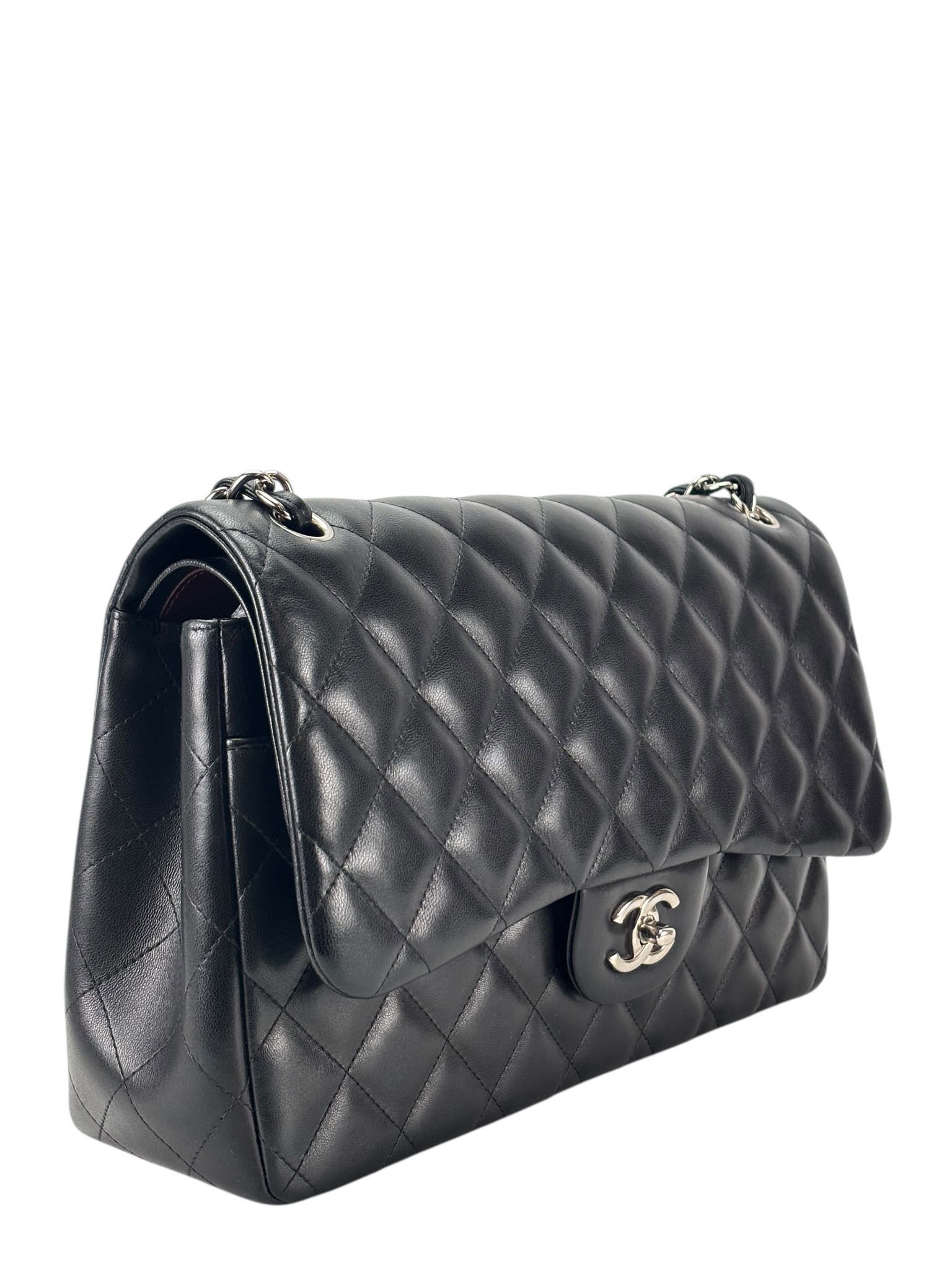 CHANEL - Black Lambskin Coco Mark Matelasse Double Flap Chain Bag (CF30)