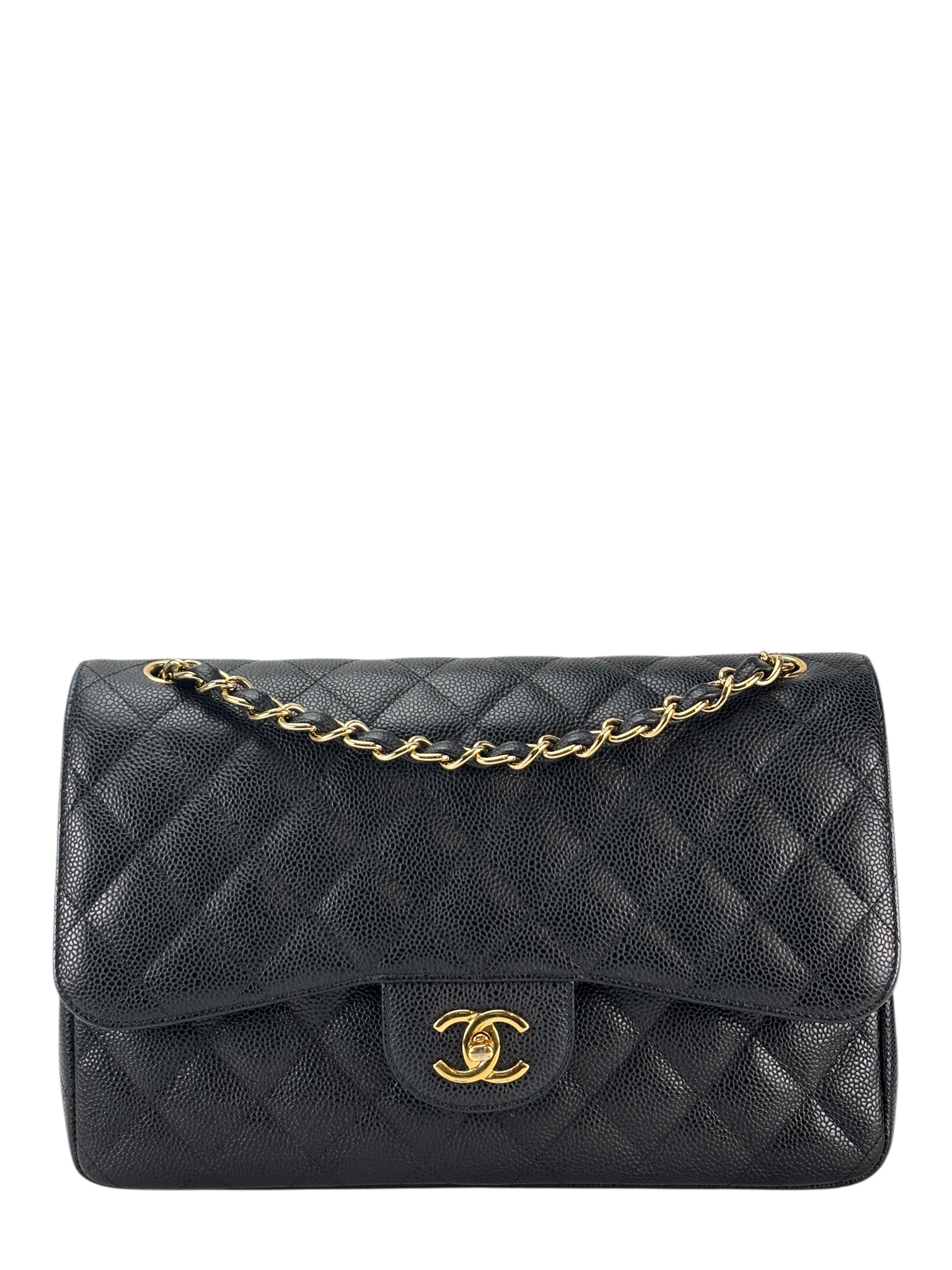 CHANEL - Black Caviar Coco Mark Matelasse Double Flap Chain Bag (CF30)