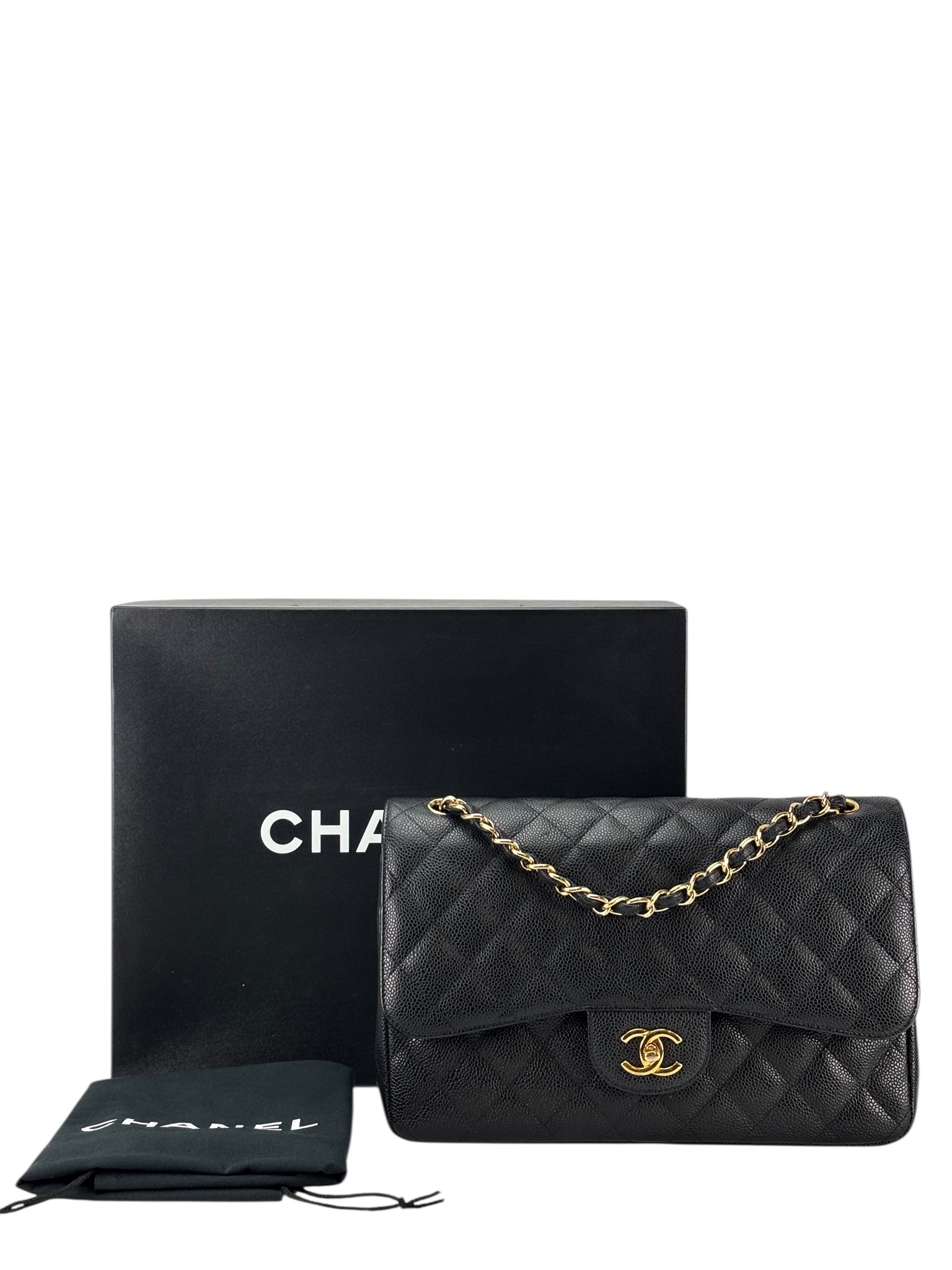 CHANEL - Black Caviar Coco Mark Matelasse Double Flap Chain Bag (CF30)