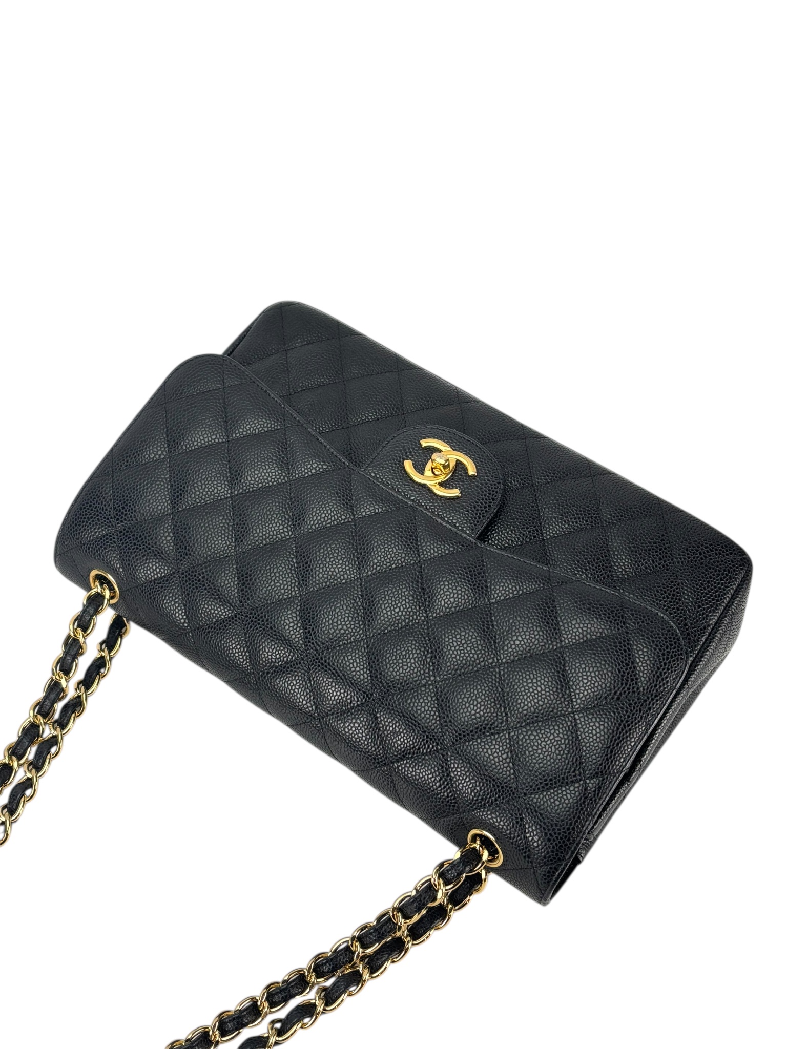 CHANEL - Black Caviar Coco Mark Matelasse Double Flap Chain Bag (CF30)