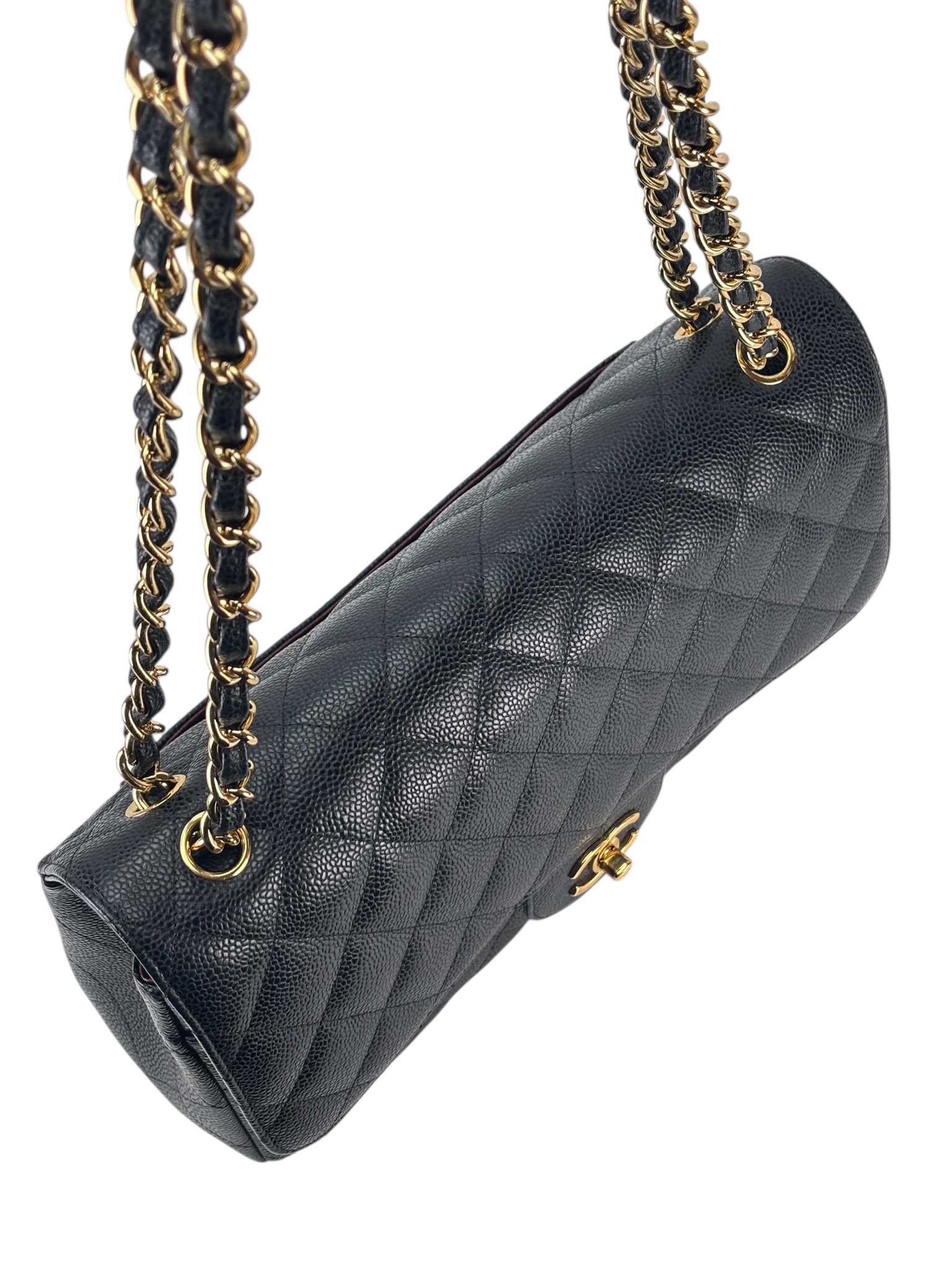 CHANEL - Black Caviar Coco Mark Matelasse Double Flap Chain Bag (CF30)
