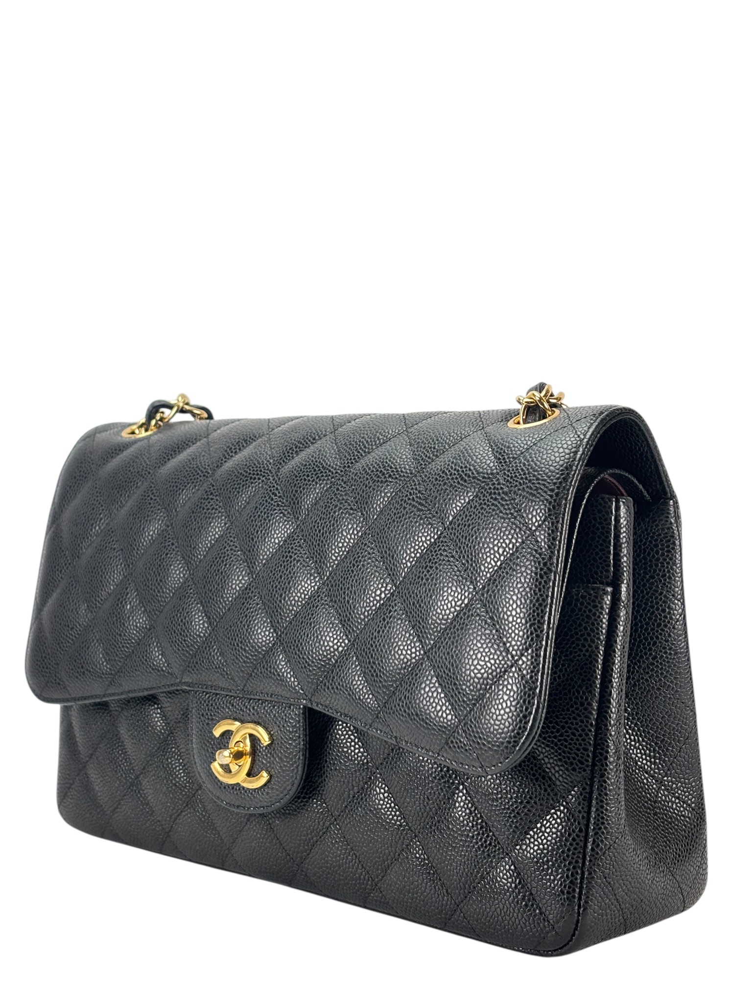 CHANEL - Black Caviar Coco Mark Matelasse Double Flap Chain Bag (CF30)