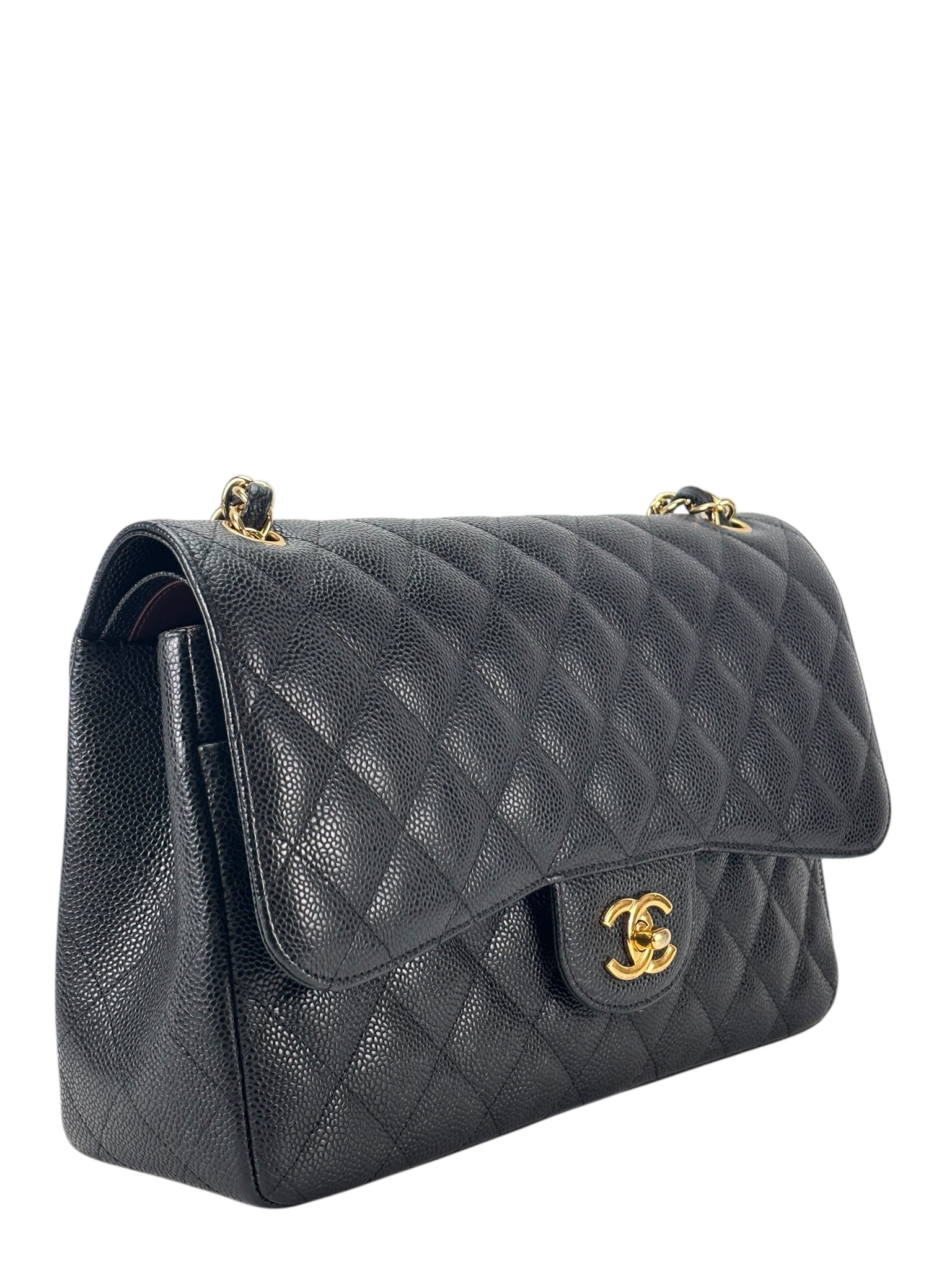 CHANEL - Black Caviar Coco Mark Matelasse Double Flap Chain Bag (CF30)