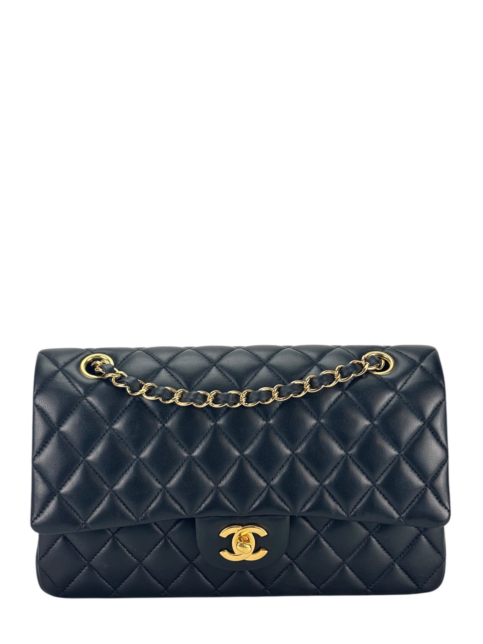 CHANEL - Medium Classic Double Flap Bag Black Lambskin Gold Hardware (CF25)
