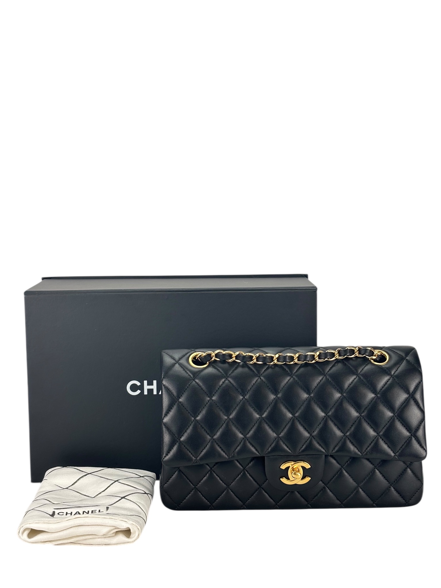 CHANEL - Medium Classic Double Flap Bag Black Lambskin Gold Hardware (CF25)