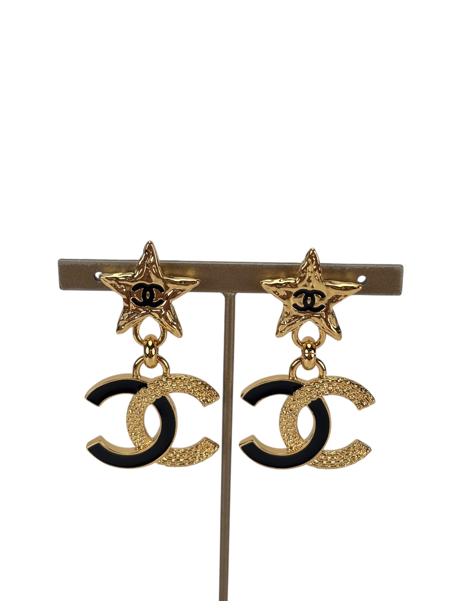 CHANEL - 24P Black Gold Star Coco Mark Earrings 