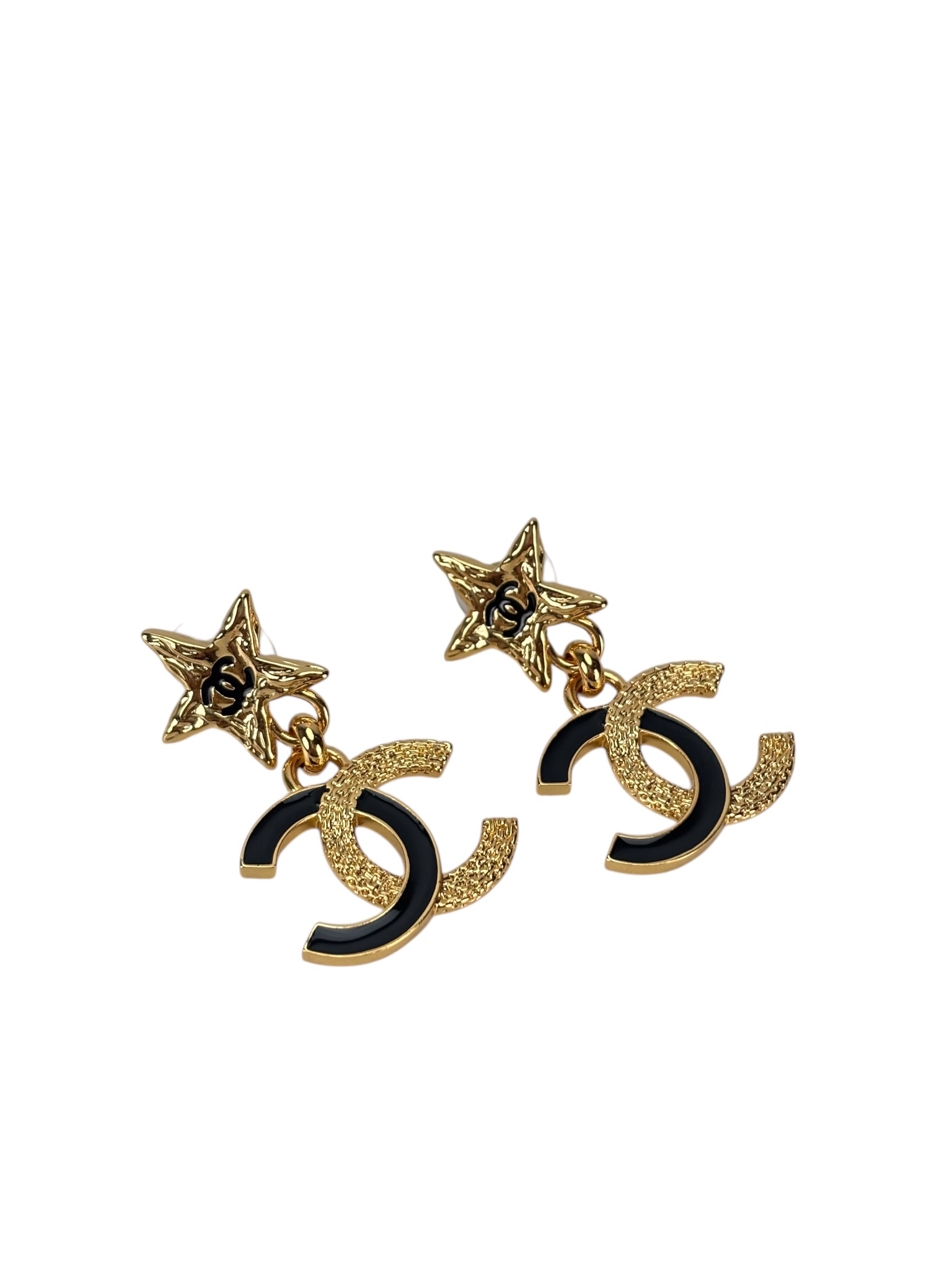 CHANEL - 24P Black Gold Star Coco Mark Earrings 