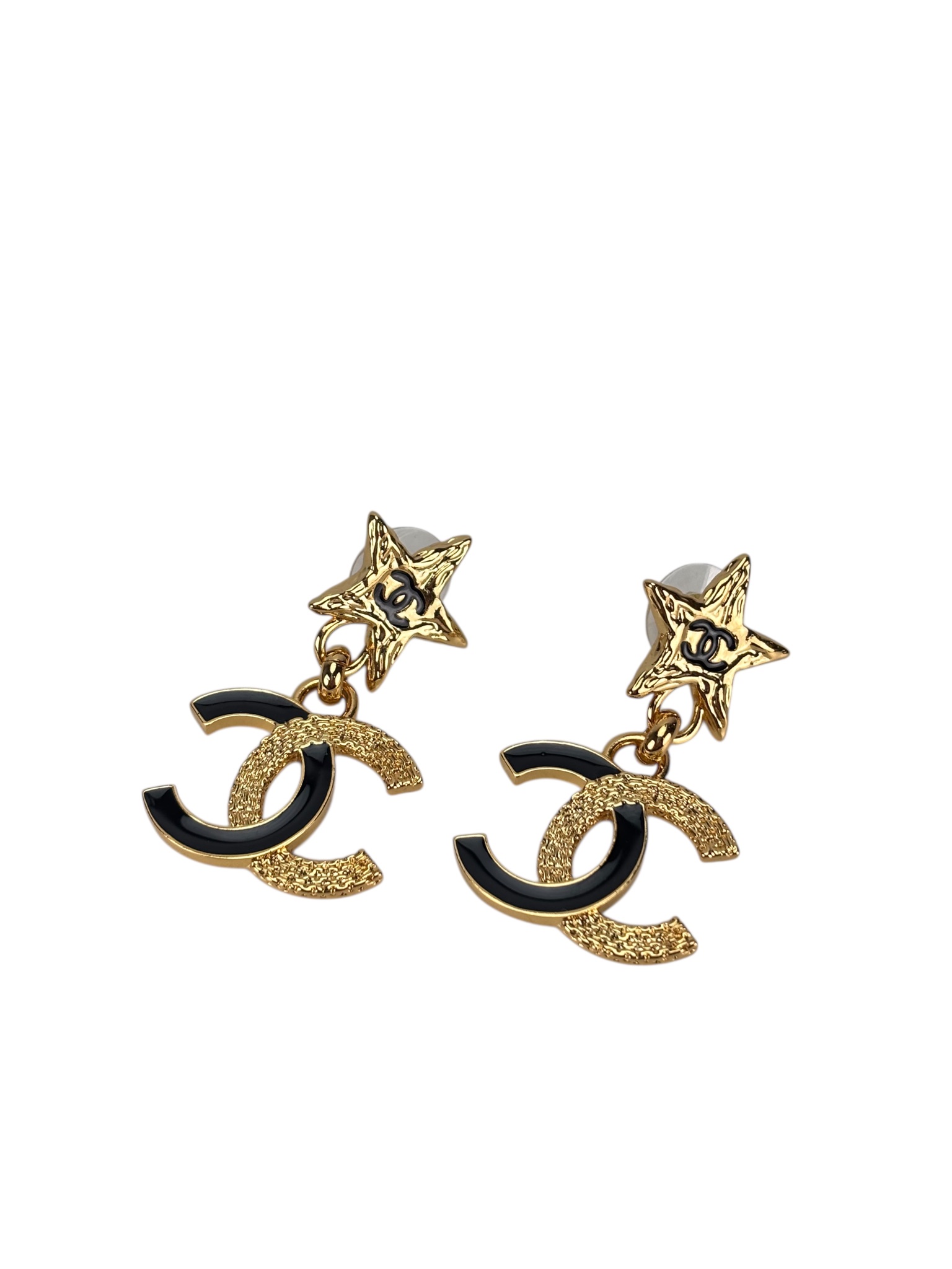 CHANEL - 24P Black Gold Star Coco Mark Earrings 