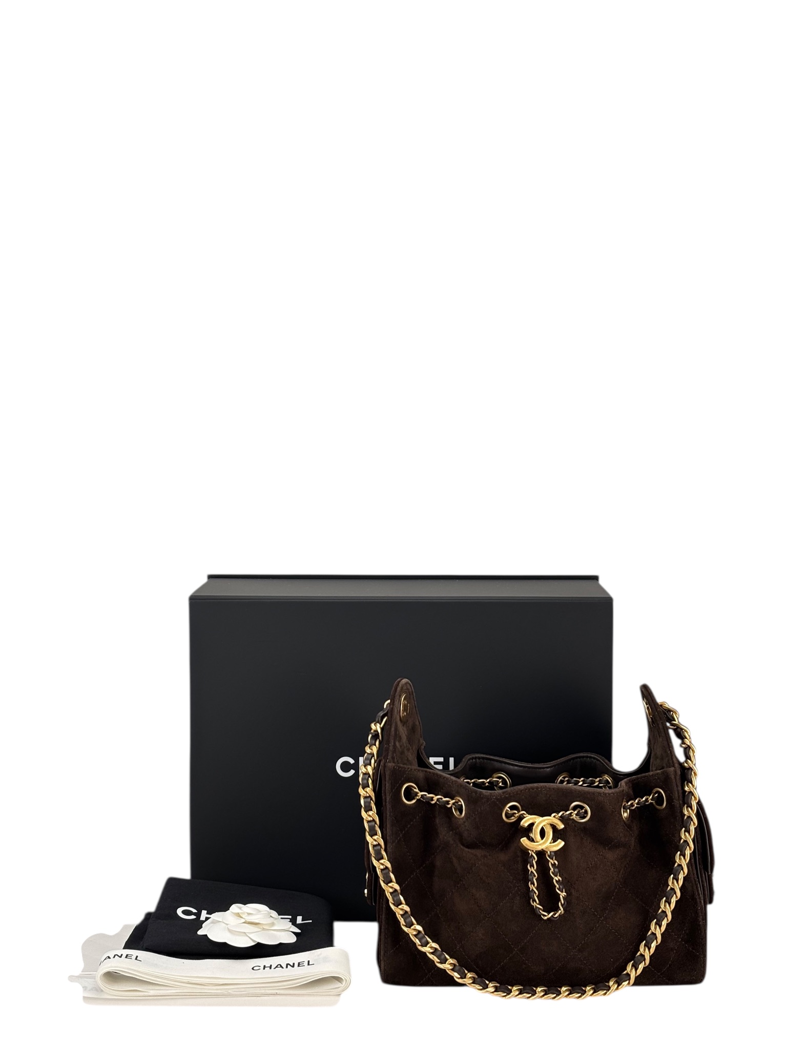 CHANEL - Suede Quilted Small Chanel 25 Handbag Dark Brown