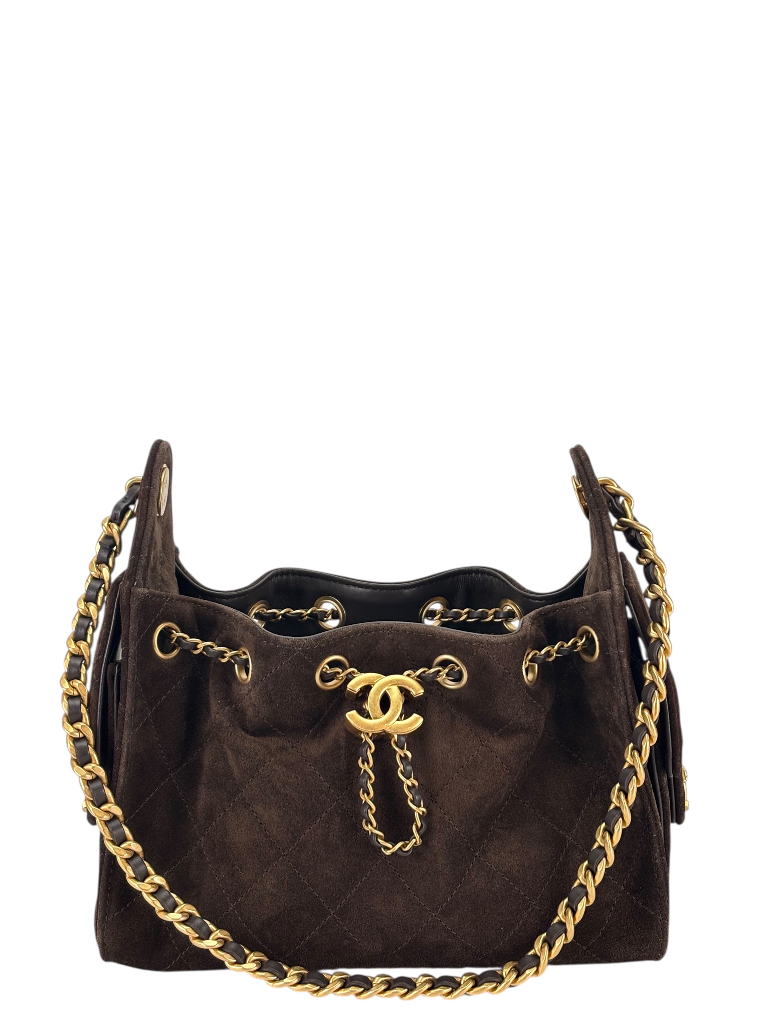 CHANEL - Suede Quilted Small Chanel 25 Handbag Dark Brown