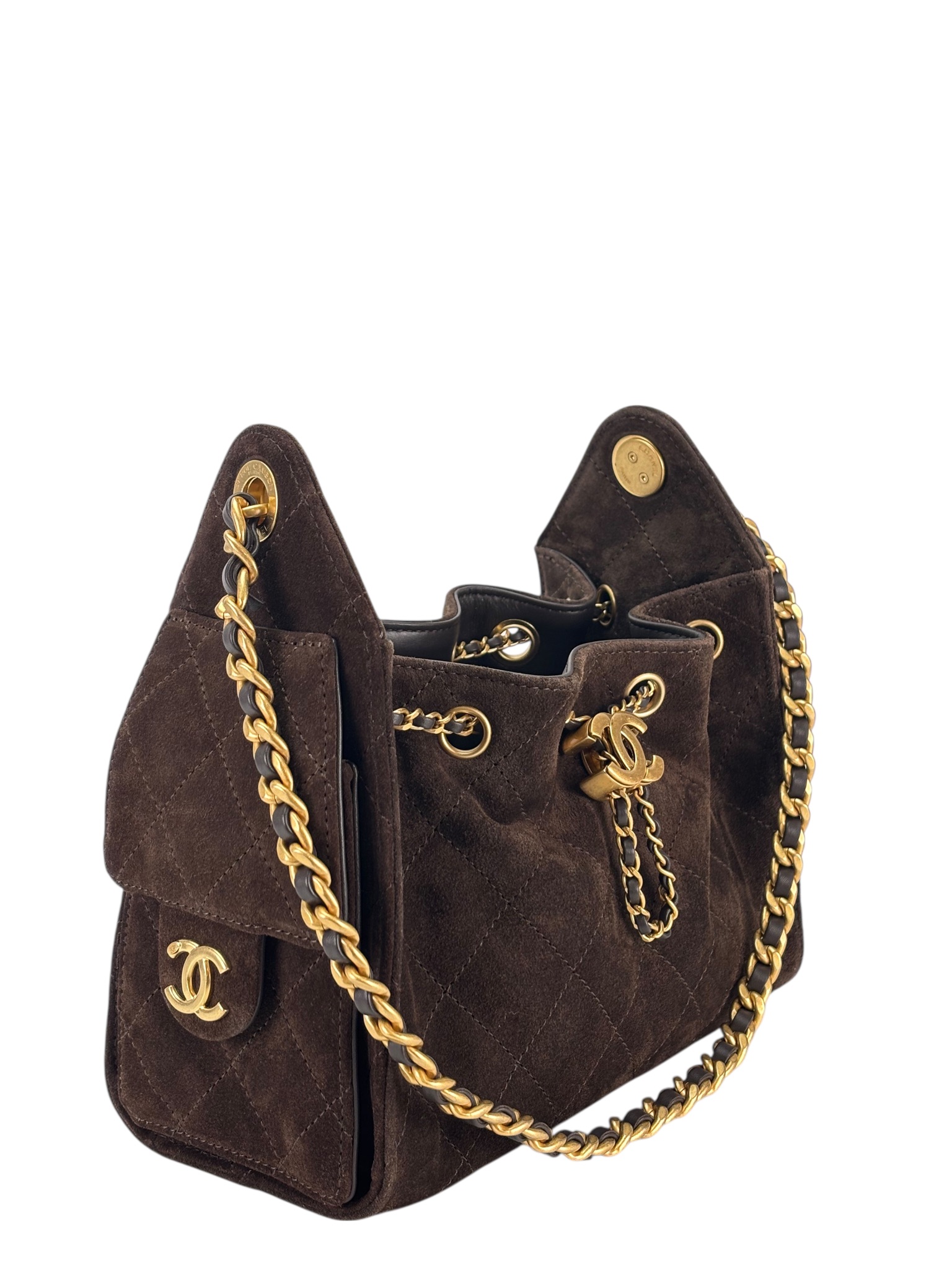 CHANEL - Suede Quilted Small Chanel 25 Handbag Dark Brown